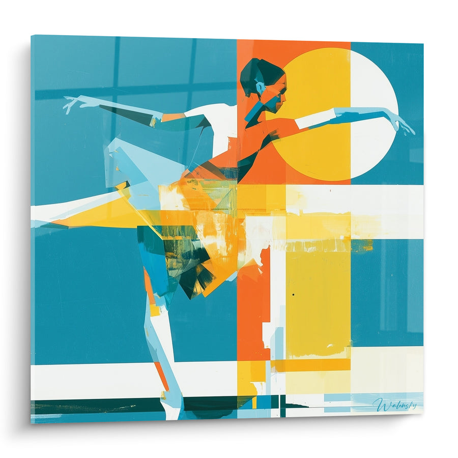 Tableau Danseuse géométrique bleu et orange en arabesque - Élan suspendu - Edition Danseuse abstrait