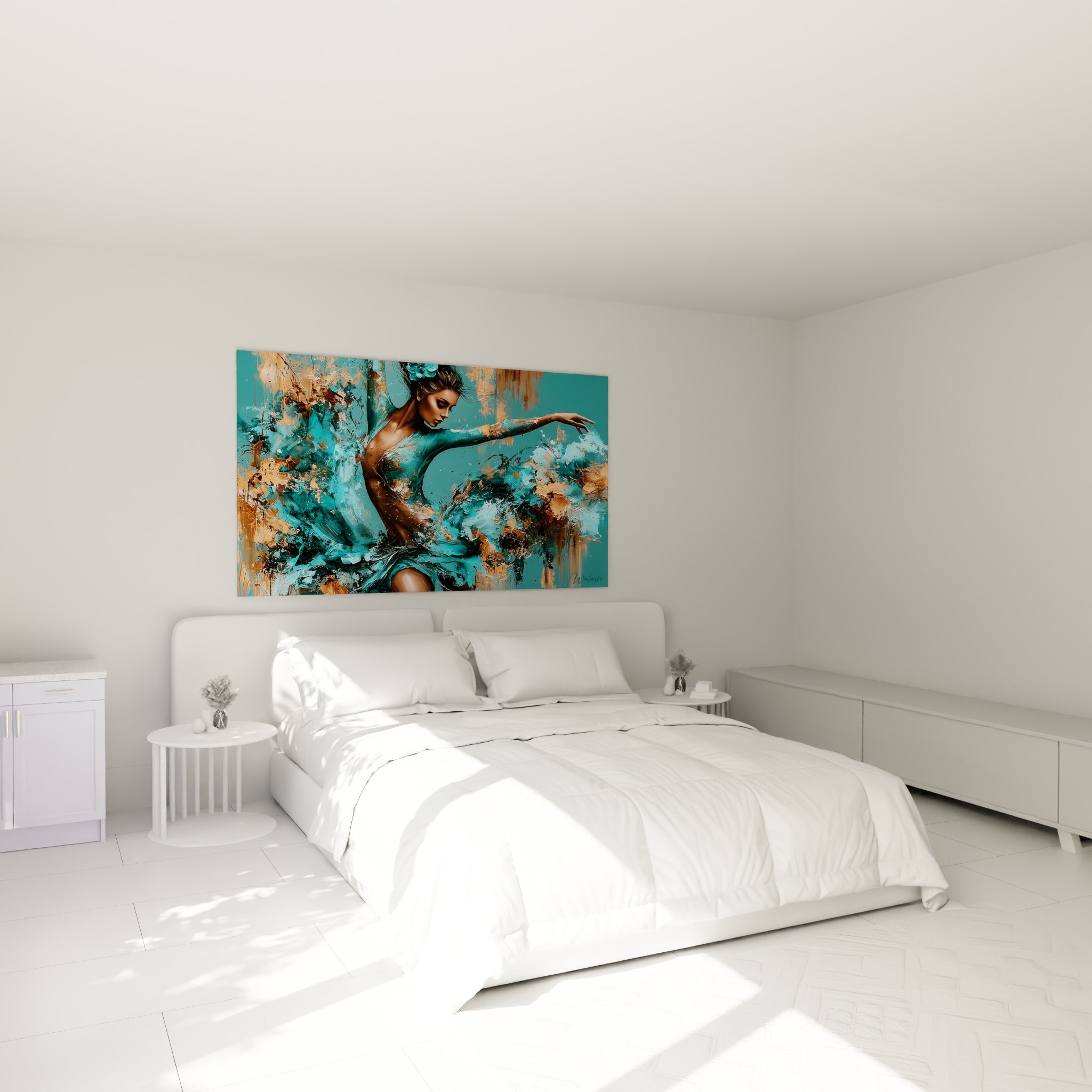 Silhouette de danseuse bras tendu, turquoise et bleu sarcelle, au-dessus d'un lit dans une chambre claire