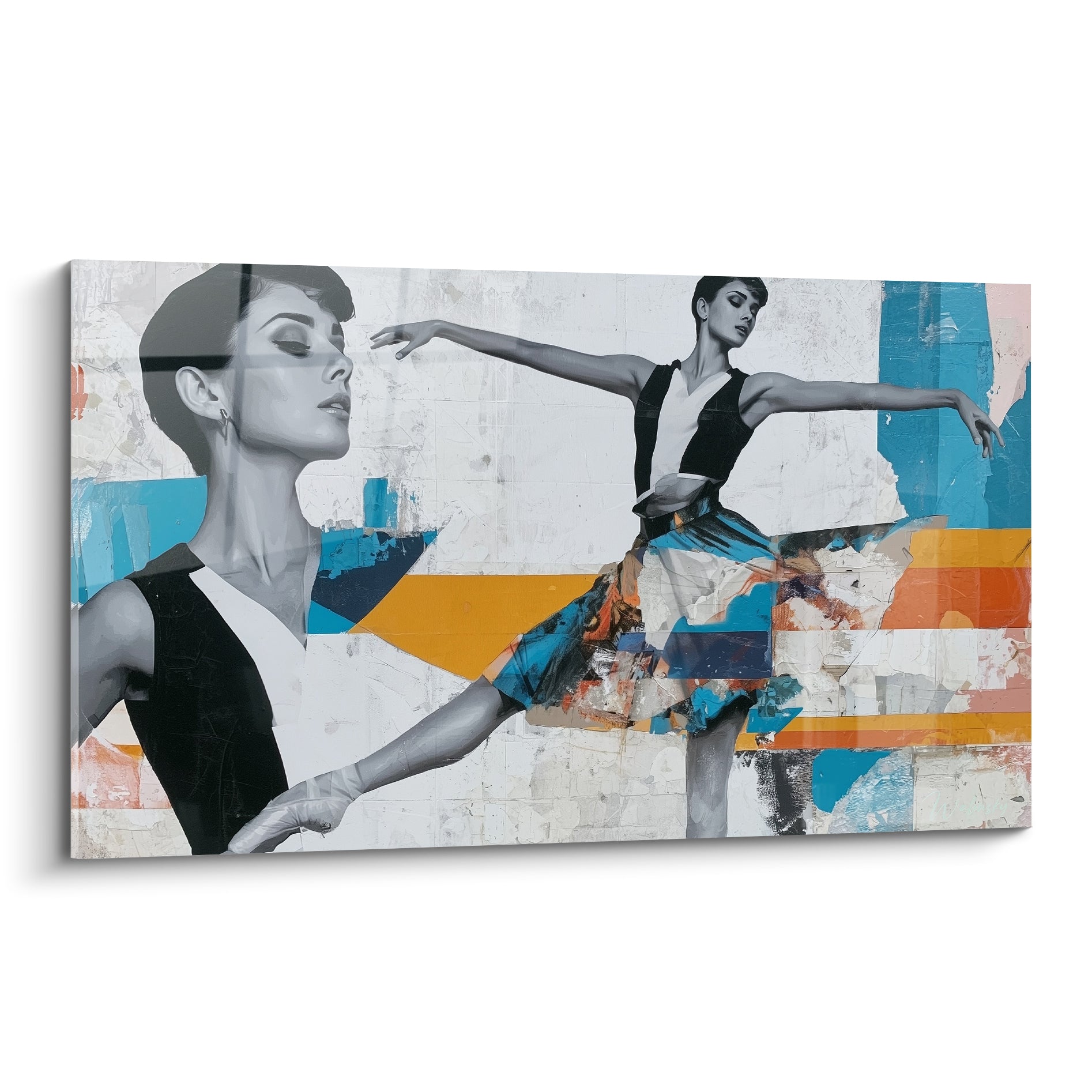 Danseuse abstrait en noir et blanc, jupe bleu turquoise et ocre, geste tendu sur fond fragmenté