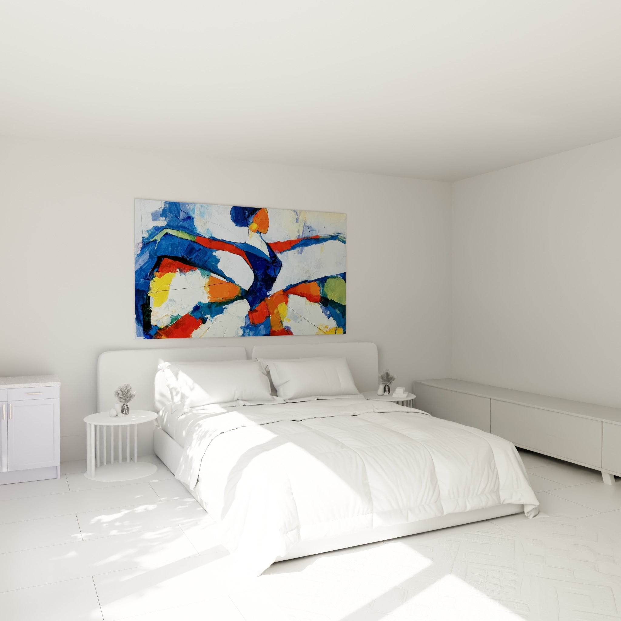 Silhouette bleu marine et orange en plein envol accrochée au-dessus d'un lit dans une chambre claire