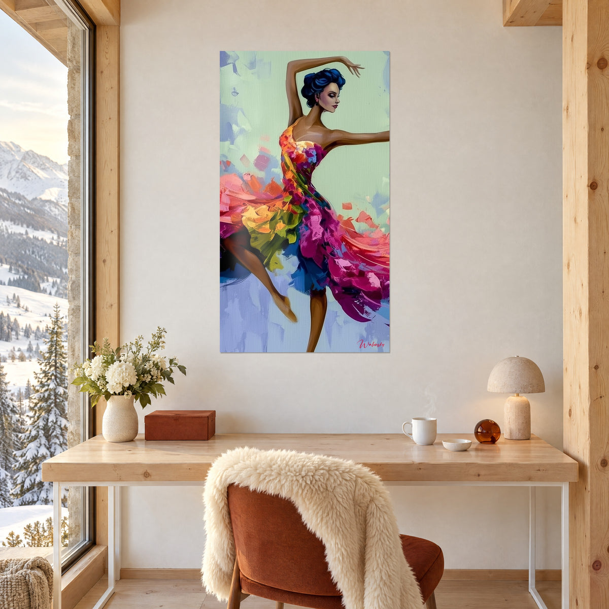 Tableau portrait de danseuse à la robe florale pourpre et jaune, bras ondulant sur fond vert pâle, face à un bureau de chalet