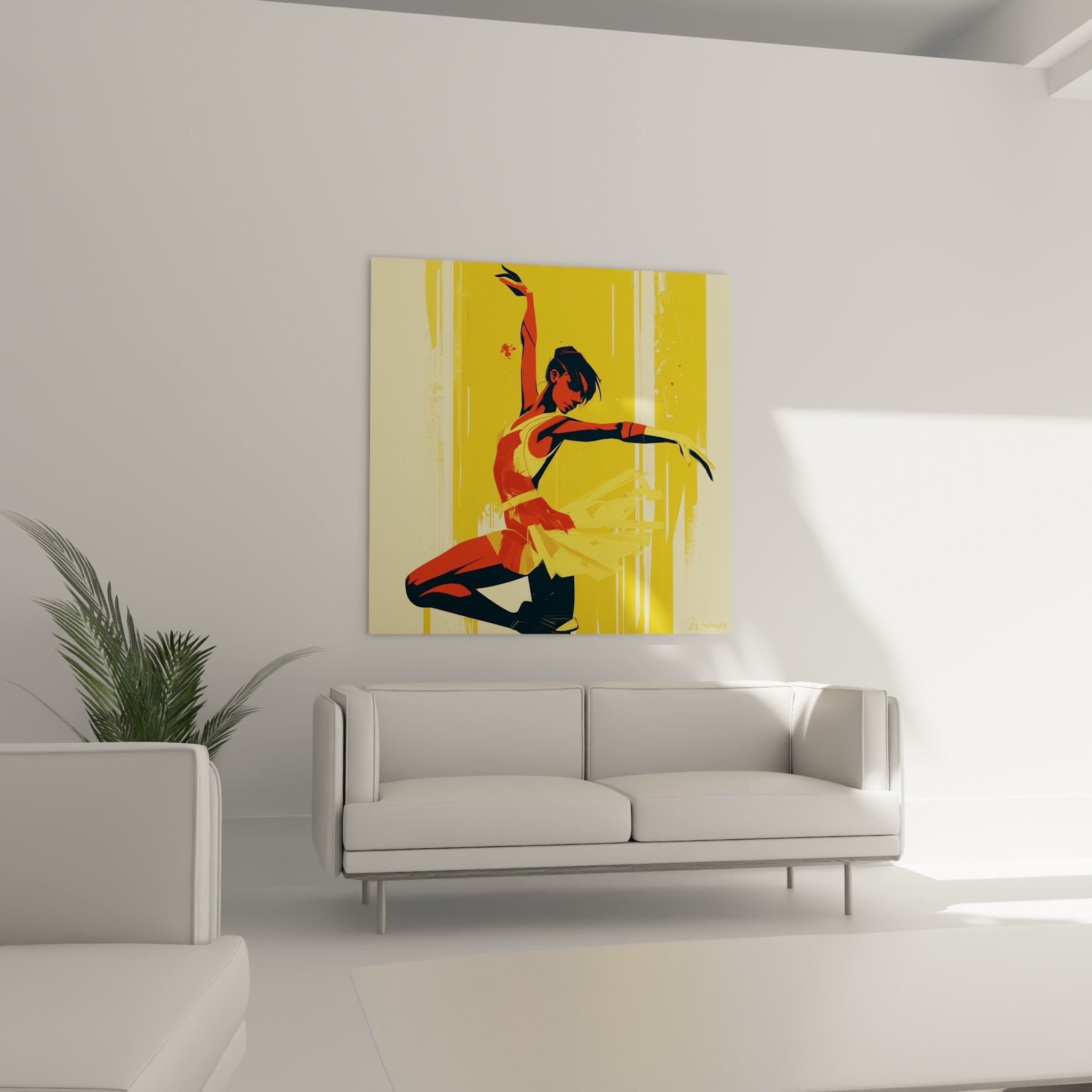 Bras levé et tutu jaune vif du tableau danseuse abstrait au-dessus d'un canapé dans un salon lumineux