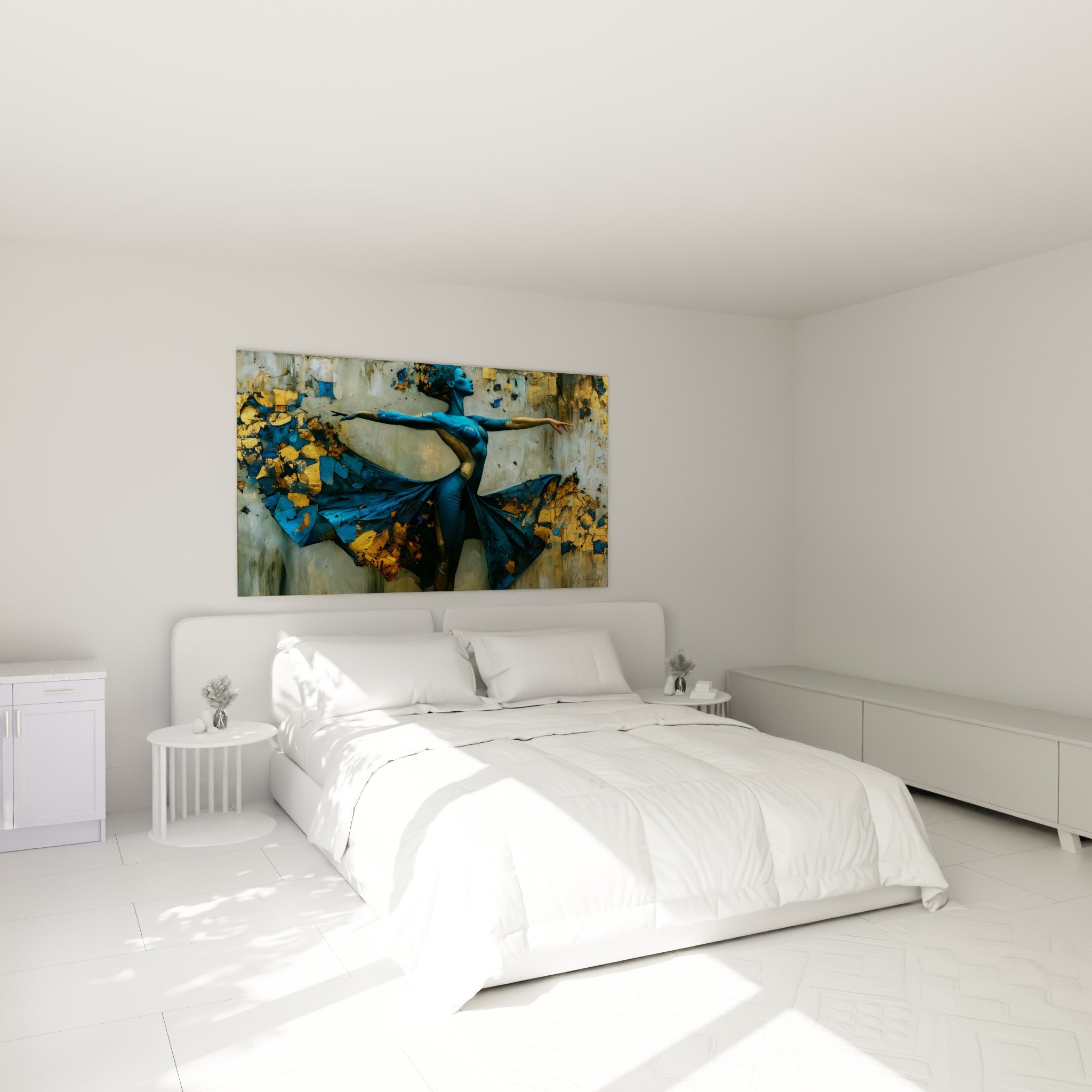 Silhouette bleue et dorée en plein envol, tableau danseuse abstraite au-dessus d'un lit dans une chambre claire