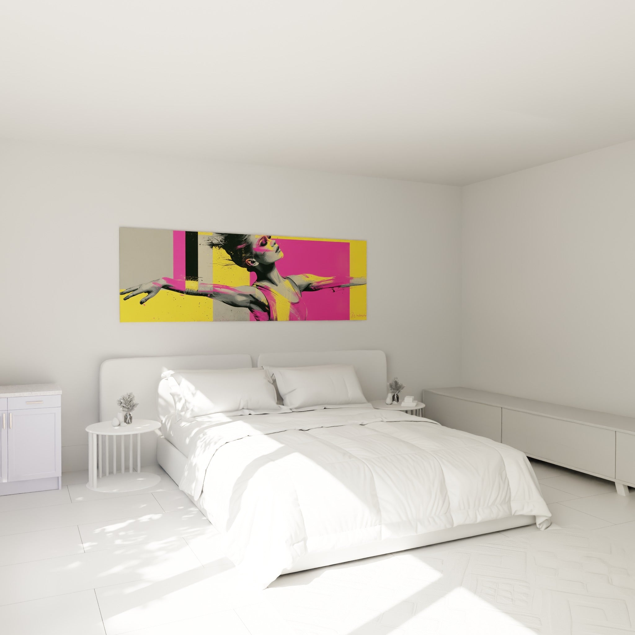 Silhouette en mouvement du tableau danseuse abstrait, rose et jaune, au-dessus d'un lit dans une chambre claire