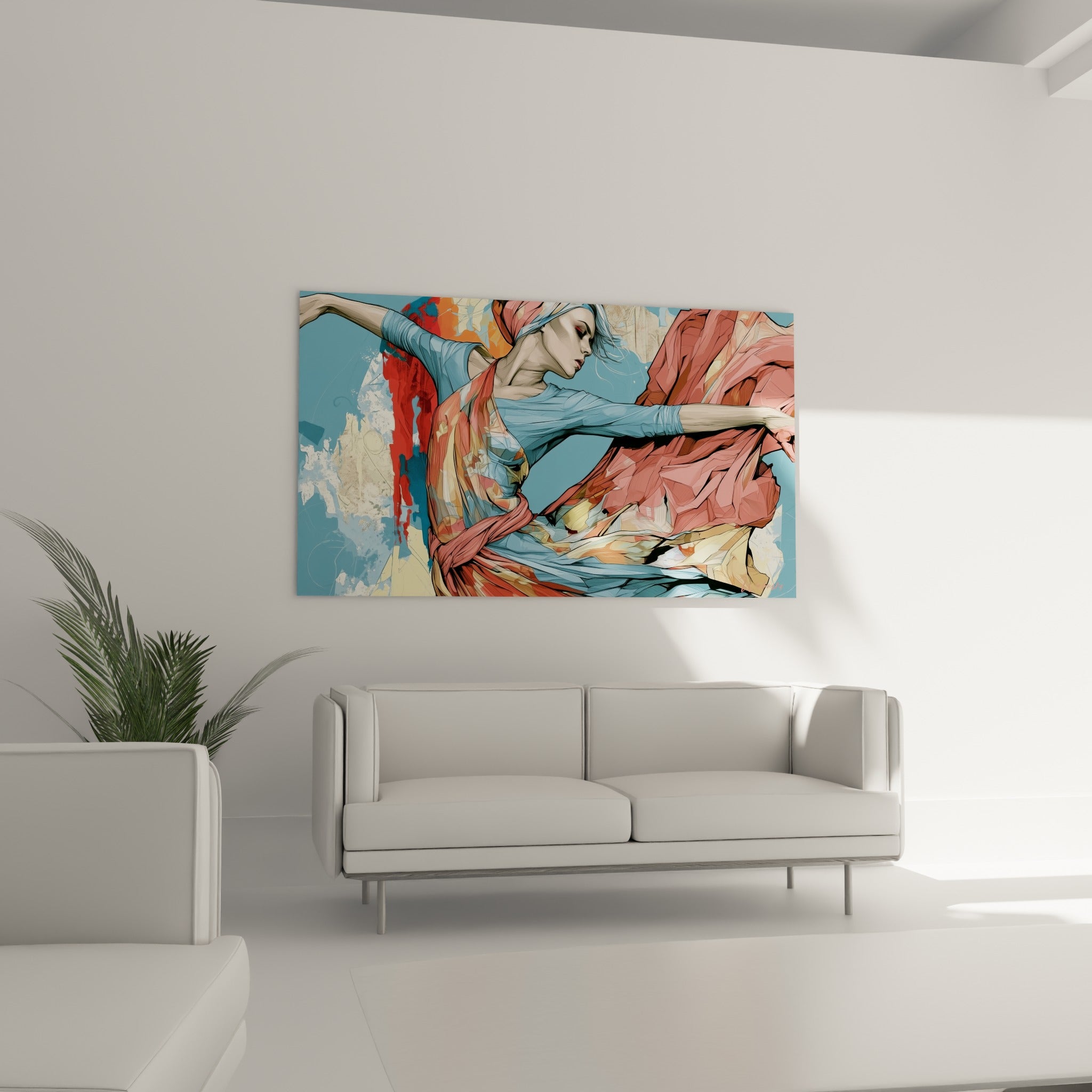 Danseuse abstraite bras tendu, tissu corail et bleu marine, au-dessus d'un canapé dans un salon lumineux
