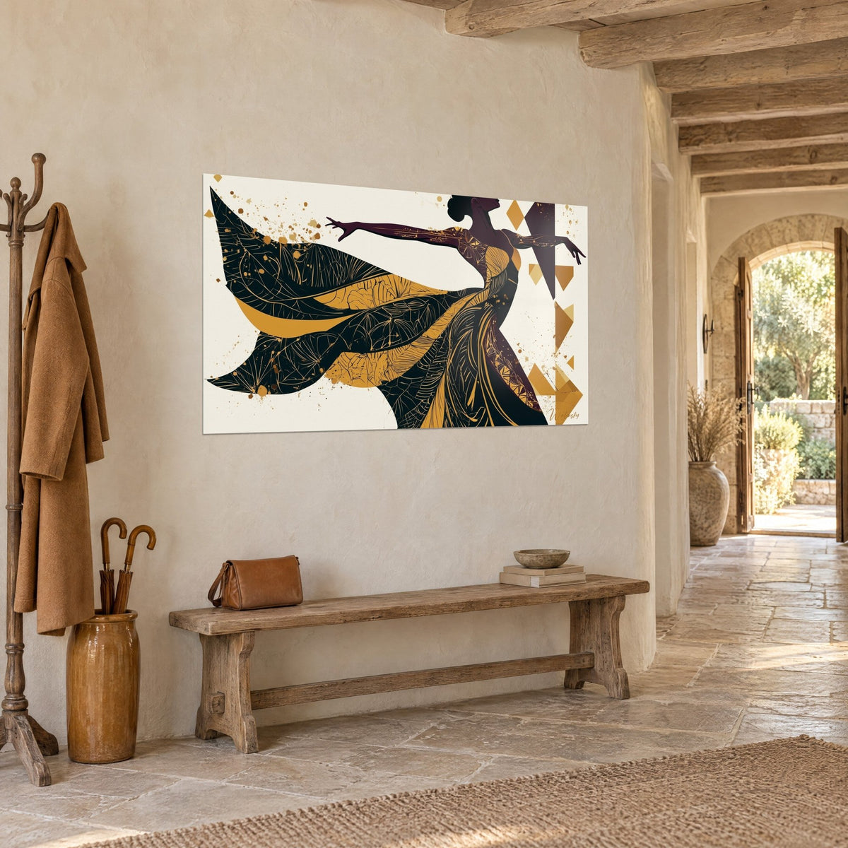 Schilderij gestileerde ballerina in een wijde zwart-gouden jurk, crèmekleurige achtergrond, bordeauxrode ruiten, in een stenen gang