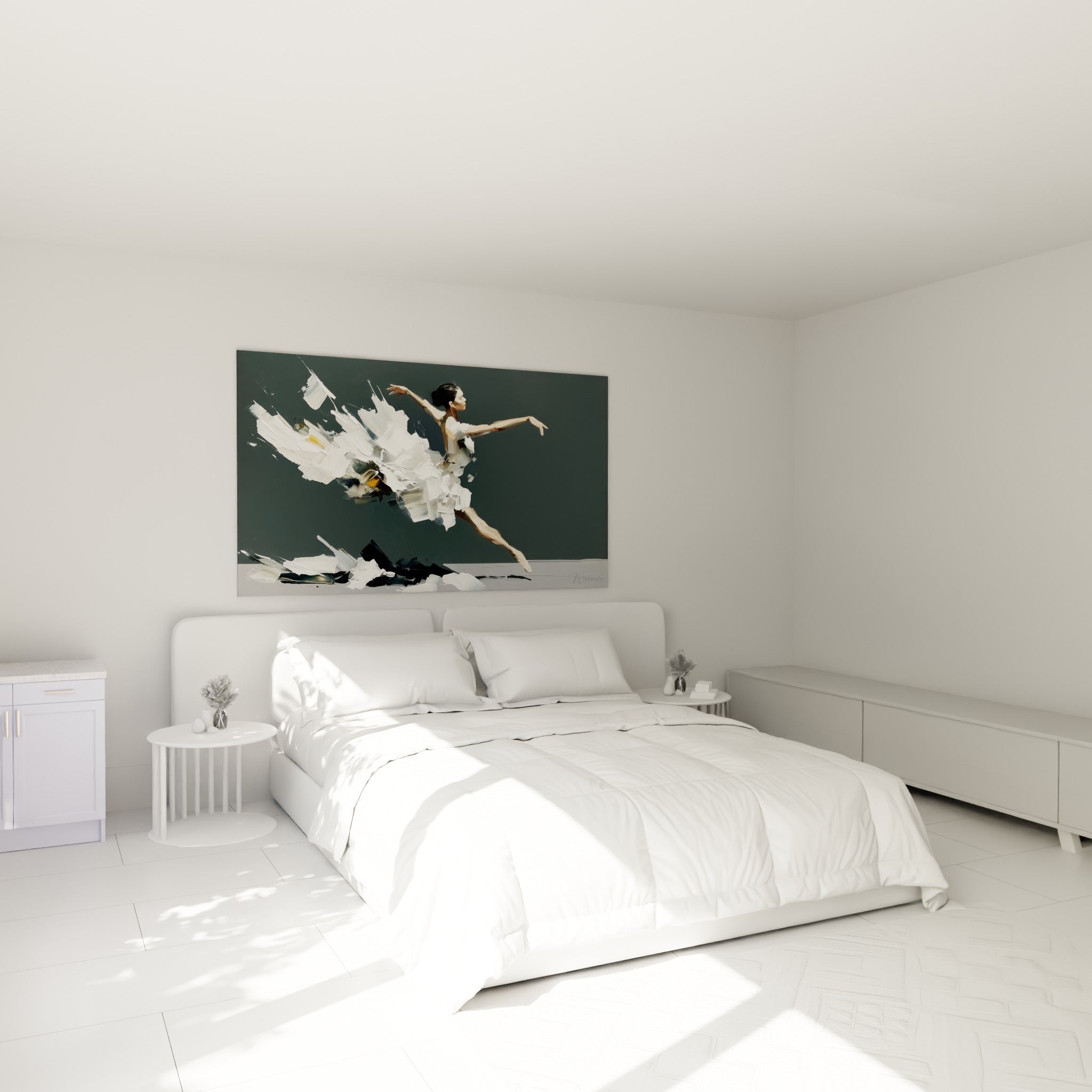 Danseuse abstrait bras tendus, blanc et beige, au-dessus d'un lit dans une chambre claire