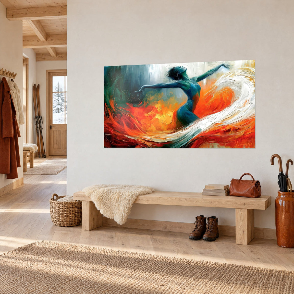 Tableau ballerine turquoise aux bras déployés, jupe de coups de pinceau orange et blanc, vue de trois-quarts dans l'entrée d'un chalet