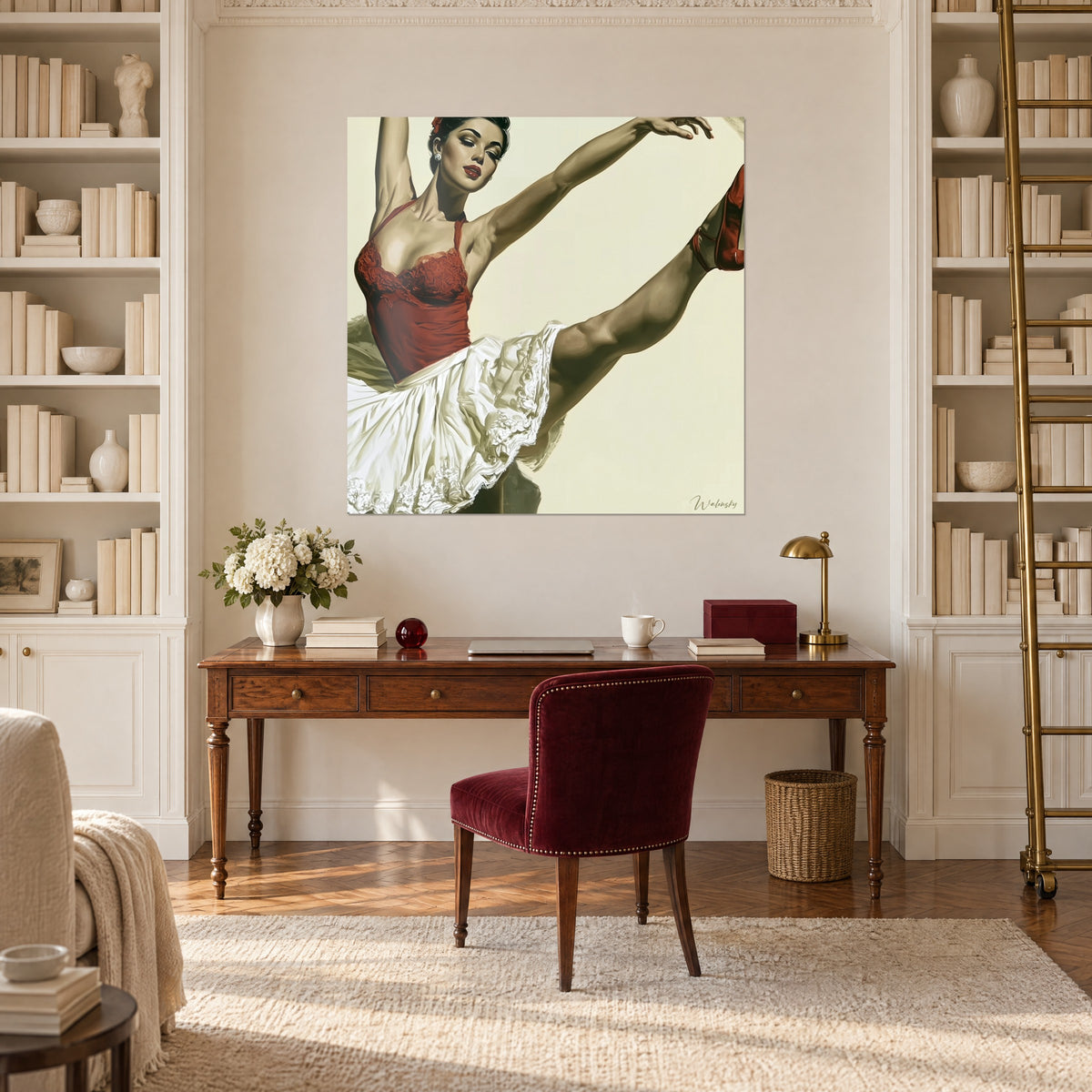 Wall art graceful dancer with red lips, toned leg extended, white skirt and vermilion bodice, above a desk and white bookcase
