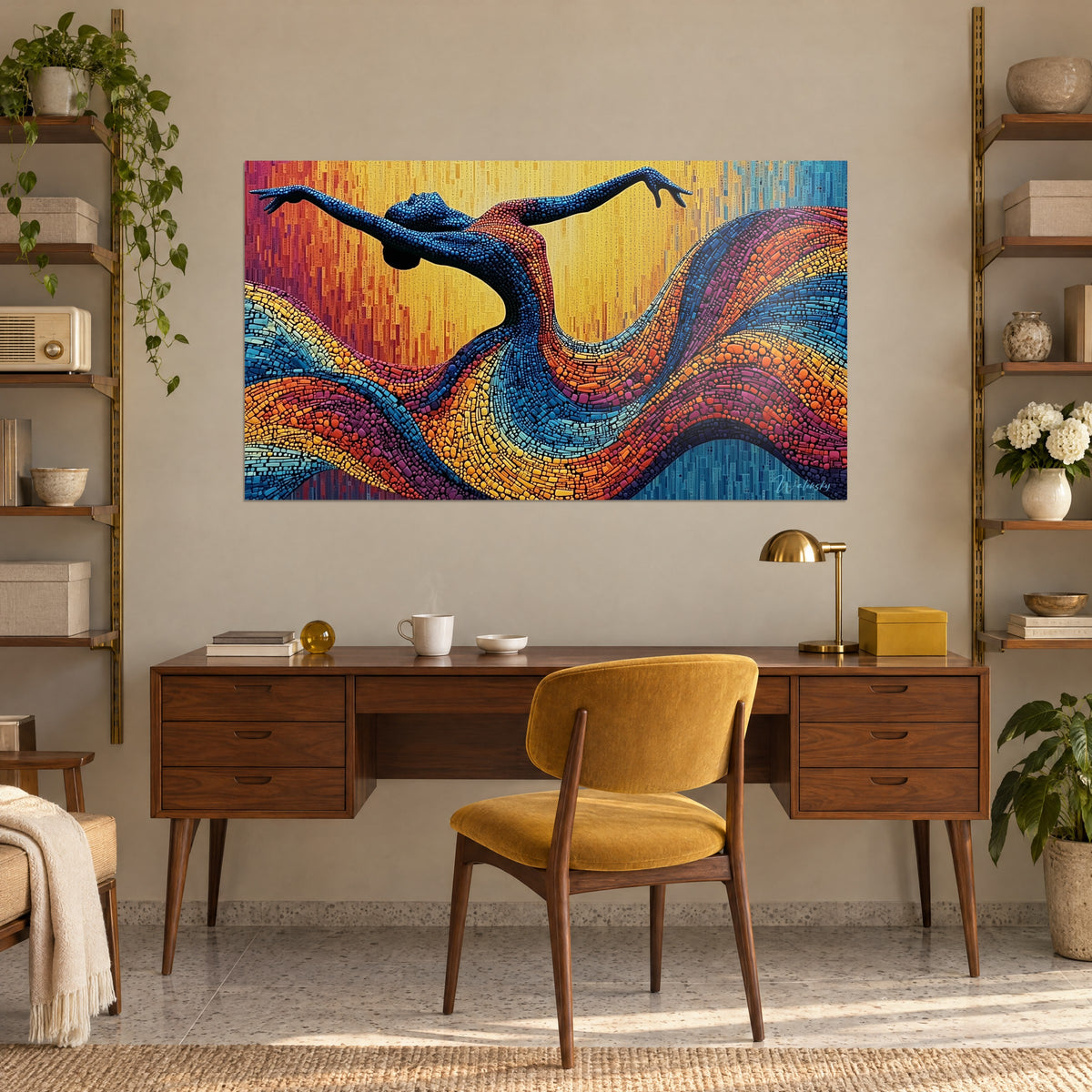 Wall art upside-down body in indigo mosaic, draped in orange and burgundy waves on an amber background, above a wooden desk
