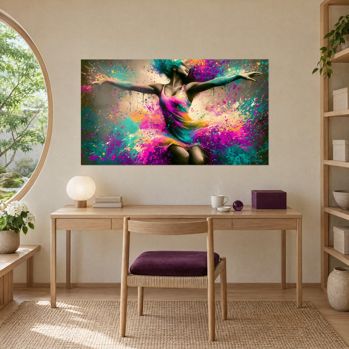 Schilderij lichaam in beweging in een roze, turquoise en crème wervel, opgehangen boven een houten bureau en een pruimkleurige stoel