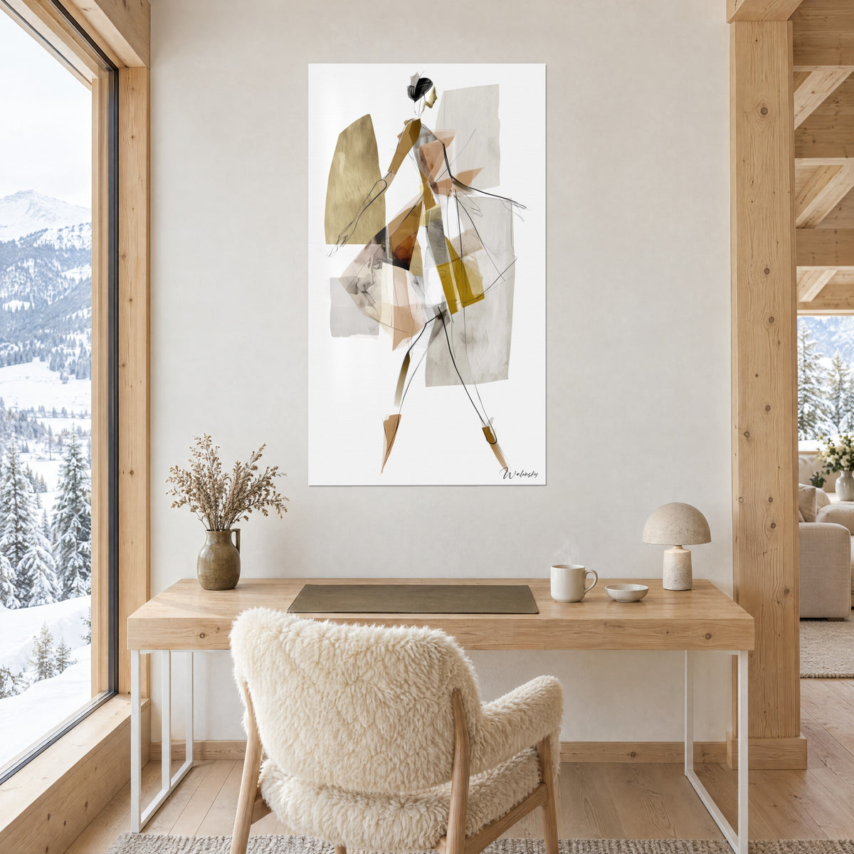 Wall art abstract fashion sketch in layered ochre, beige and grey papers, on the wall of a light wood office