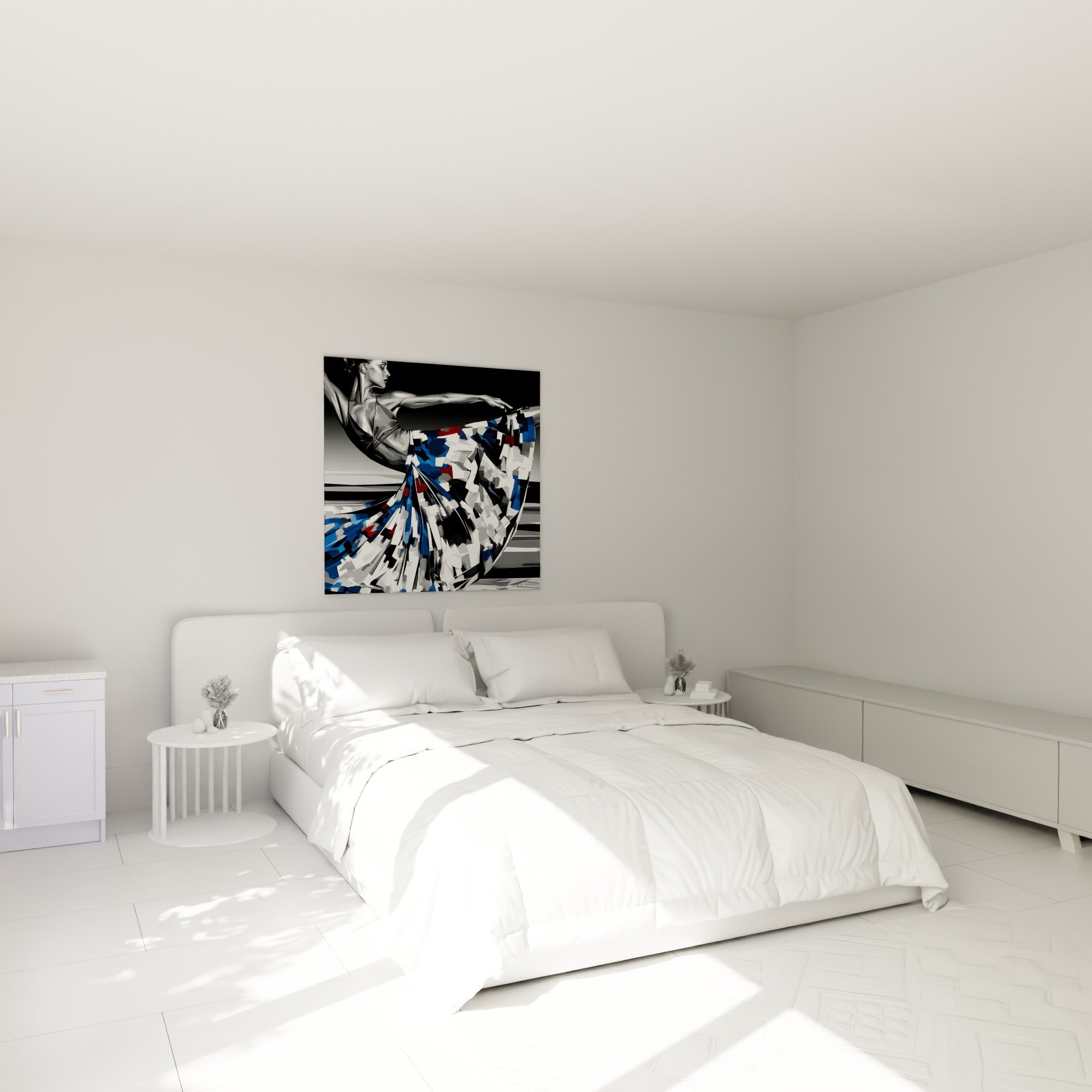 Ballerine en mouvement, buste gris et jupe bleu marine éclatée, au-dessus d'un lit dans une chambre claire