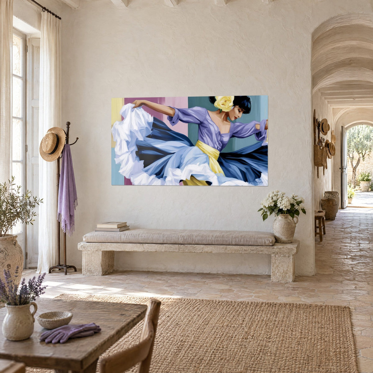 Tableau flamenca à la jupe bleu marine et blanche déployée, ceinture jaune pâle sur fond rose et vert, mur d'un mas provençal
