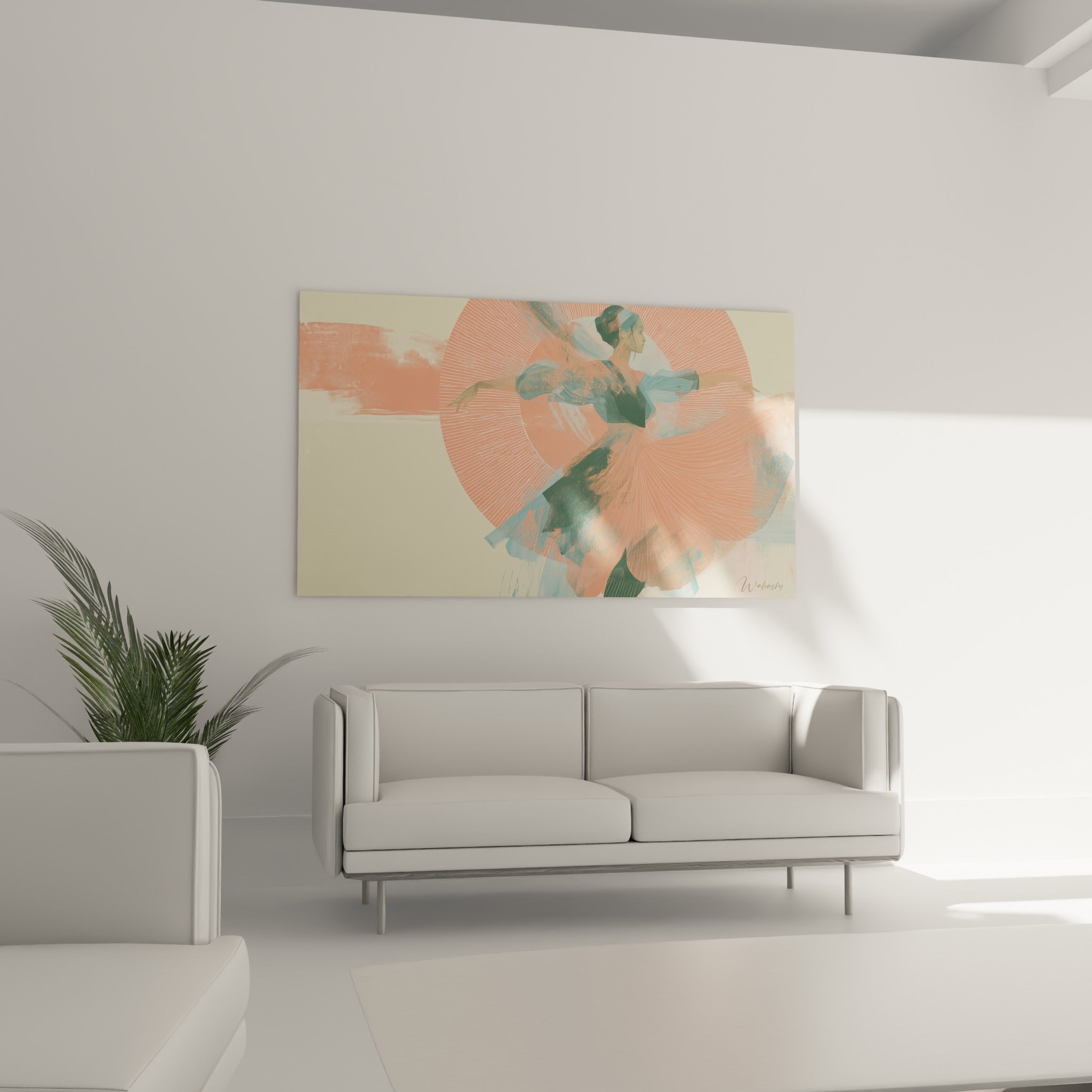 Tourbillon de danseuse corail et anthracite, jupe déployée, positionné au-dessus d'un canapé dans un salon lumineux