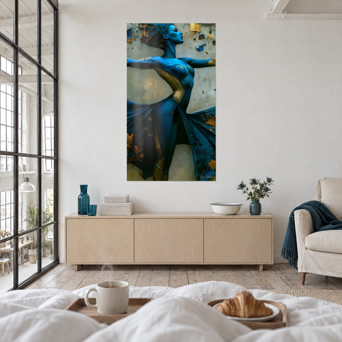 Wall art azure crackled body with gold reflections, navy veils unfurled, pearlescent ivory, above a bed in a light bedroom