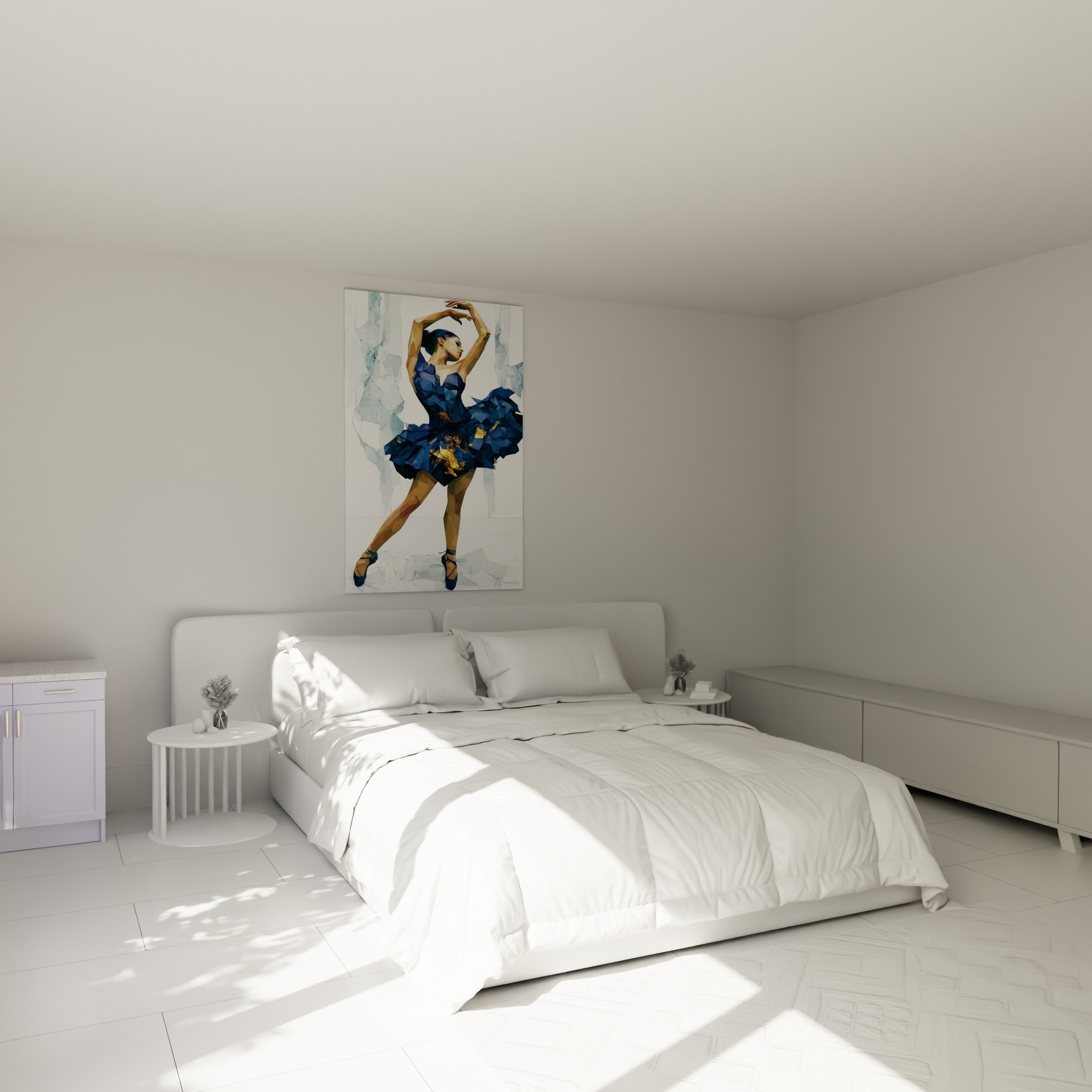 Ballerine bleu marine aux éclats dorés du tableau Danseuse abstrait au-dessus d'un lit dans une chambre claire