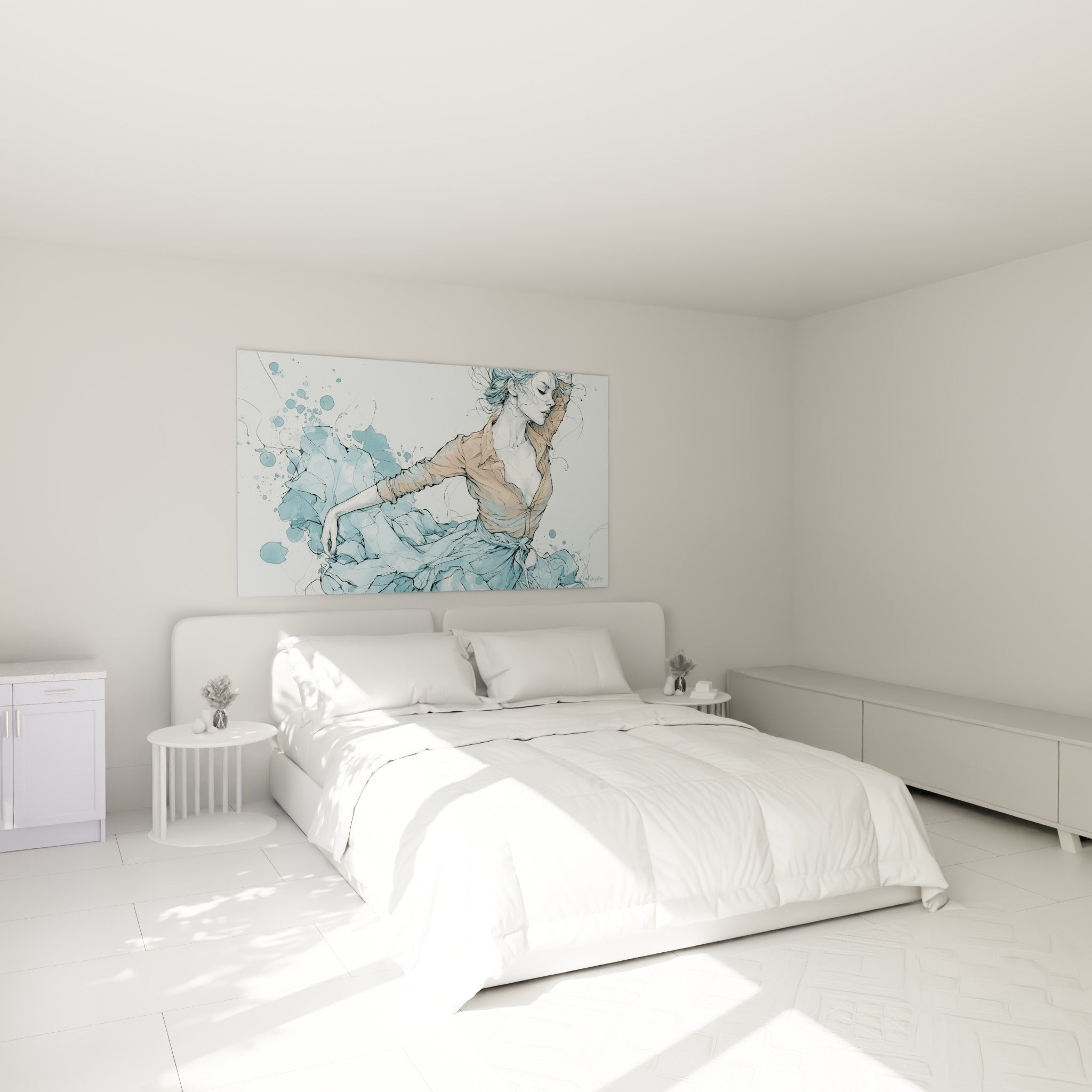 Silhouette de danseuse bleu pastel et terracotta au-dessus d'un lit dans une chambre claire