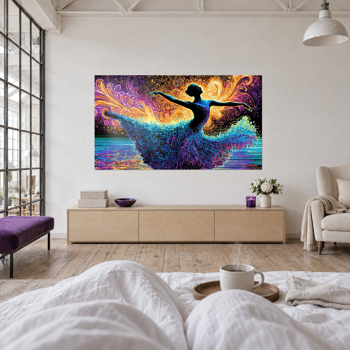 Schilderij balletkunstenares in arabesque, blauwe gestippelde tutu, oranje en paarse achtergrond, boven een bed in een lichte slaapkamer