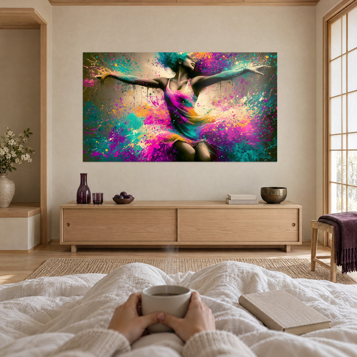 Schilderij kunstenares in een tutu van magenta en turquoise verf, armen uitgestrekt, tegenover iemand met de rug naar de kijker boven een bed in een lichte slaapkamer