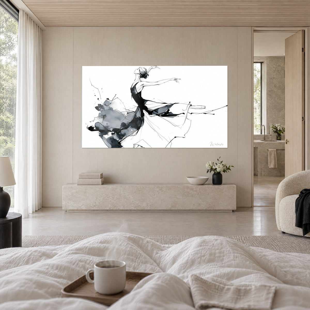 Cuadro silueta danzante en negro y gris, brazos extendidos sobre fondo blanco, colgado encima de una cama en un dormitorio luminoso