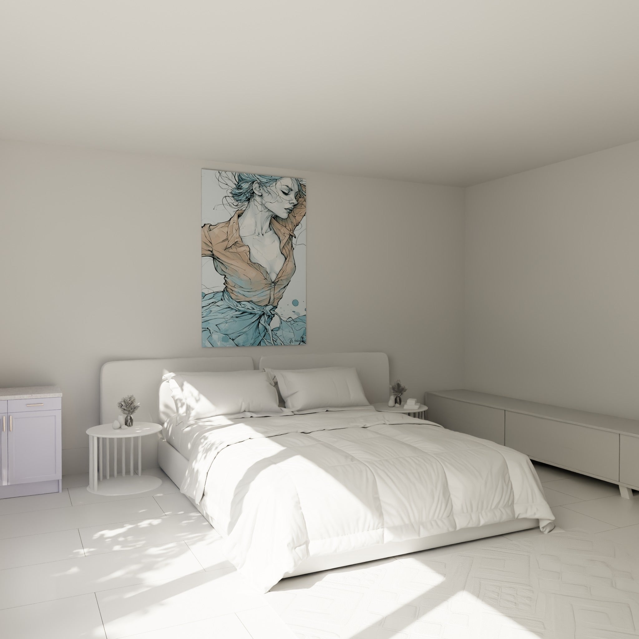 Silhouette de danseuse abstrait en terracotta et bleu pastel, au-dessus d'un lit dans une chambre claire