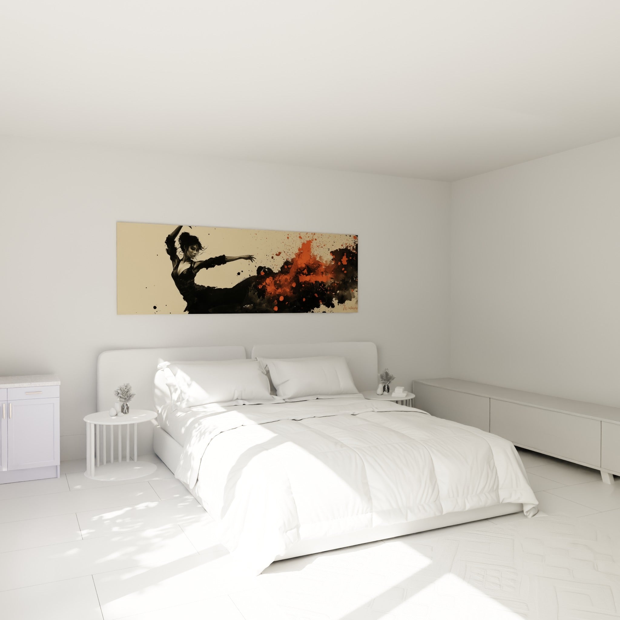 Silhouette de flamenco noire et orange, geste ample, accrochée au-dessus d'un lit dans une chambre claire