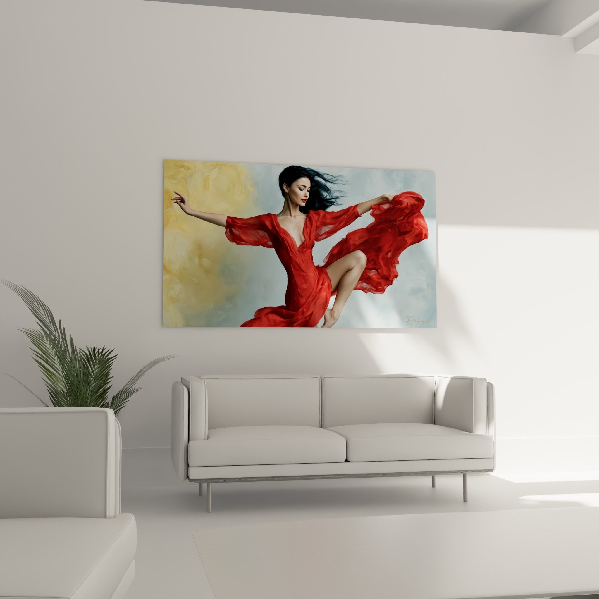 La danseuse abstrait aux tons rouge et bleu marine se déploie au-dessus d'un canapé dans un salon lumineux