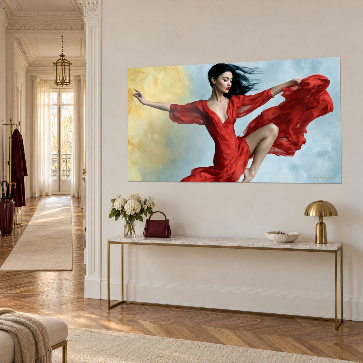 Gemälde Ballerina in scharlachrotem Schleier, angewinkeltes Bein, gelber und himmelblauer Hintergrund, über einer goldenen Konsole hängend