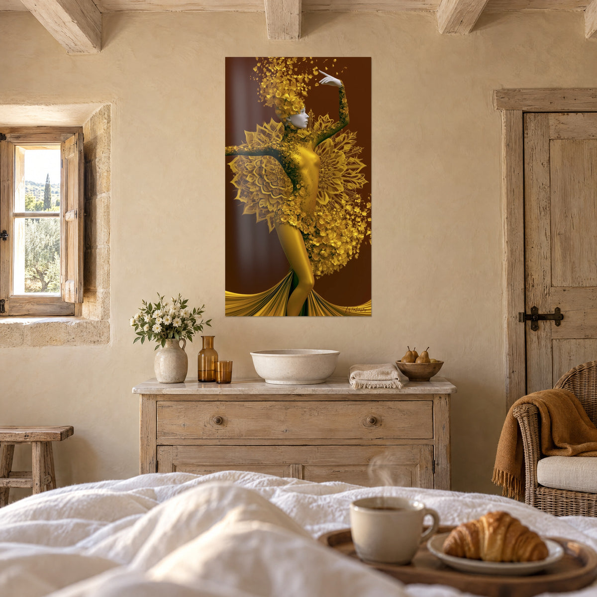Gemälde goldener Körper in Rückenbeuge unter einem Blütenregen, intensiv brauner Hintergrund, zwei warme Farbtöne, über einem Bett in einem hellen Schlafzimmer