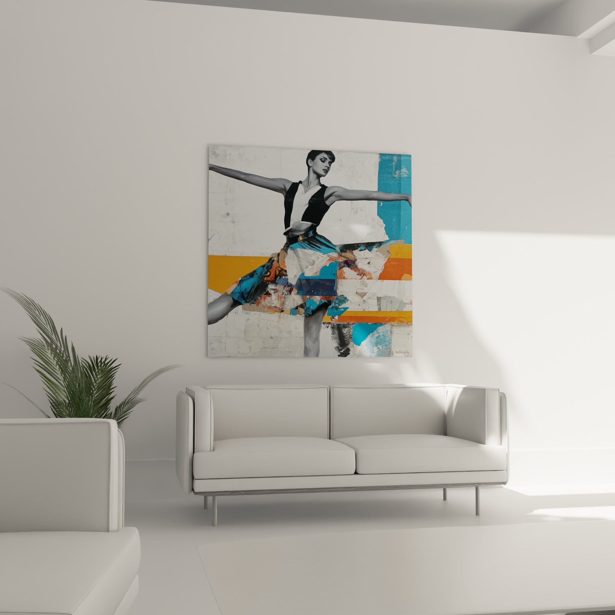 Envol gracieux d'une danseuse en gris et bleu ciel, tableau danseuse abstrait au-dessus d'un canapé dans un salon lumineux