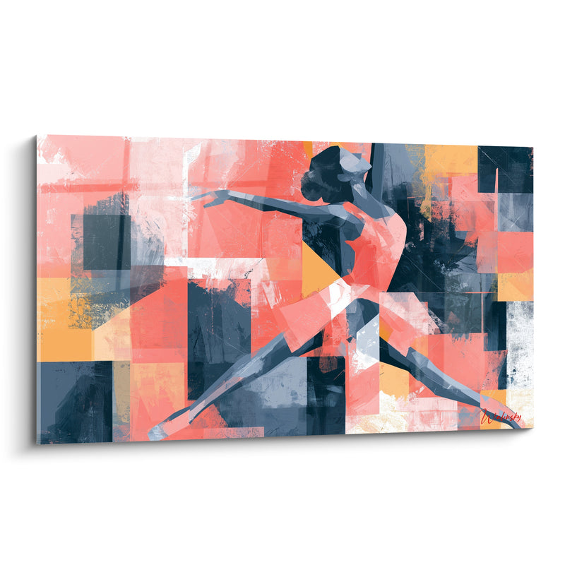 Tanzende Ballerina Gemälde Koralle und Schieferblau auf geometrischer Mosaik – Farbblockmuster Hintergrund – Edition Ballerina Abstrakt