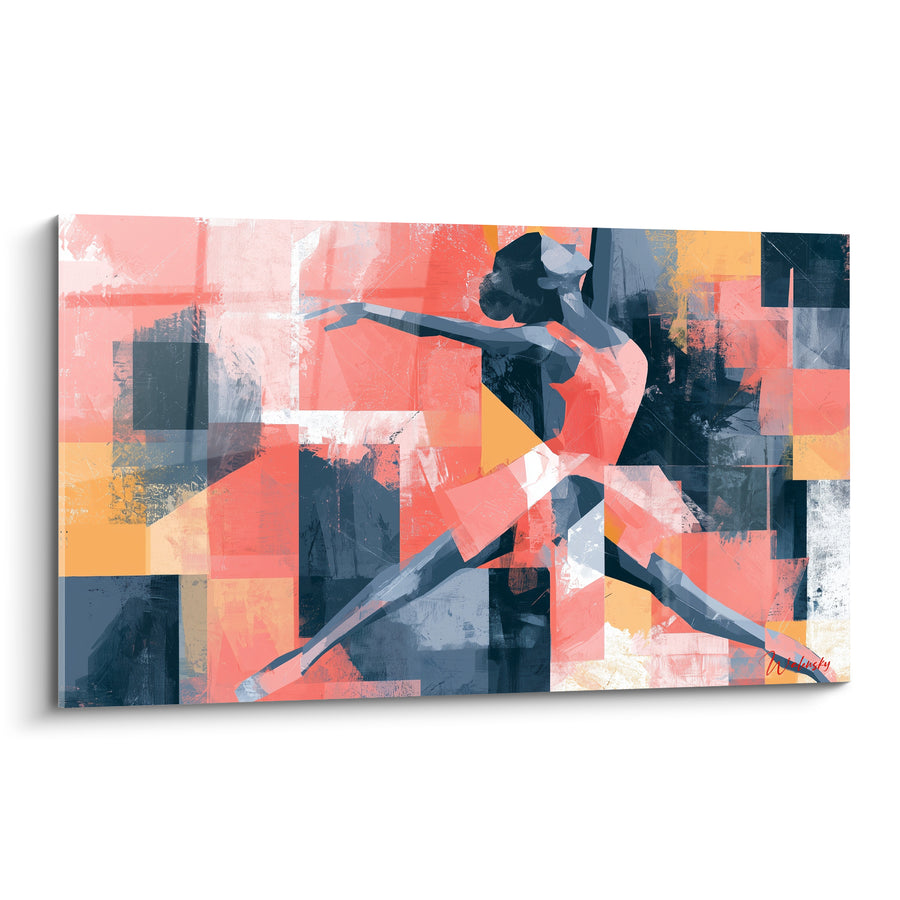 Tableau Danseuse corail et bleu ardoise sur mosaïque géométrique - Fond en damier coloré - Edition Danseuse abstrait