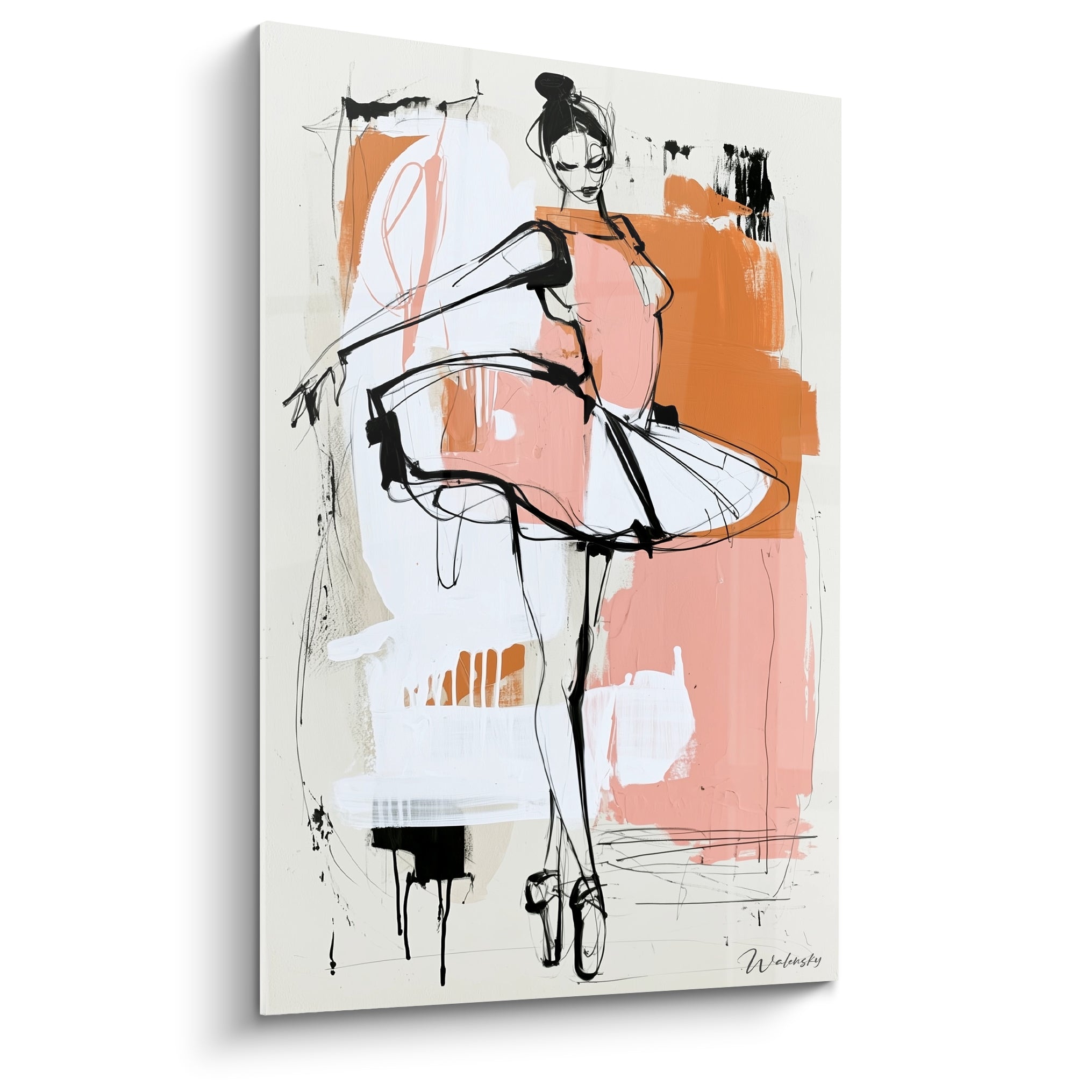 Ballerine esquissée en noir, robe corail et fond orange brûlé, tableau Danseuse abstrait au trait vif