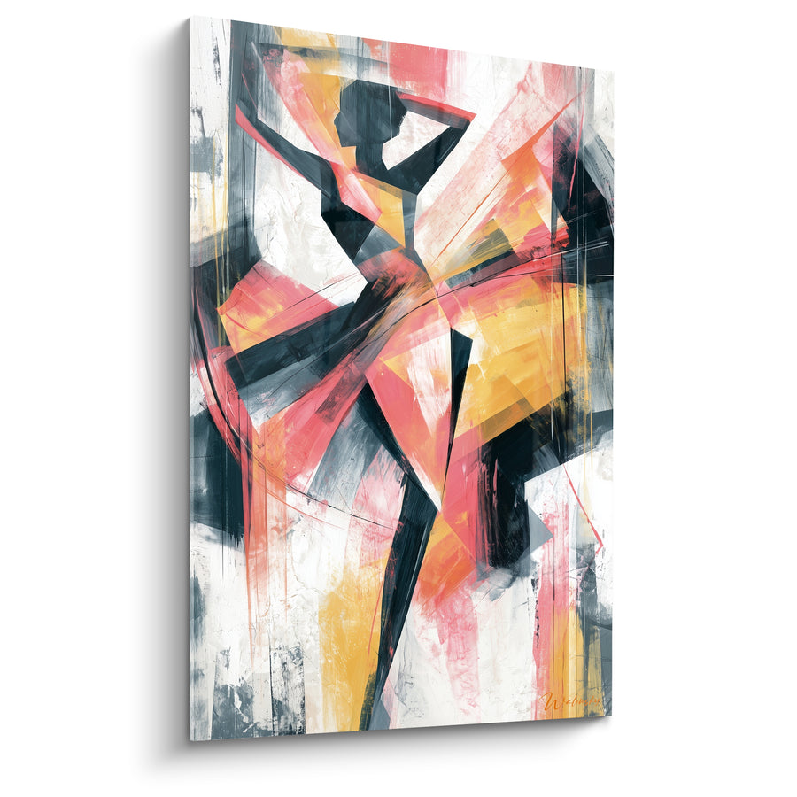Tableau Danseuse rose et jaune jupe géométrique fendue - Silhouette au chignon noir - Edition Danseuse abstrait