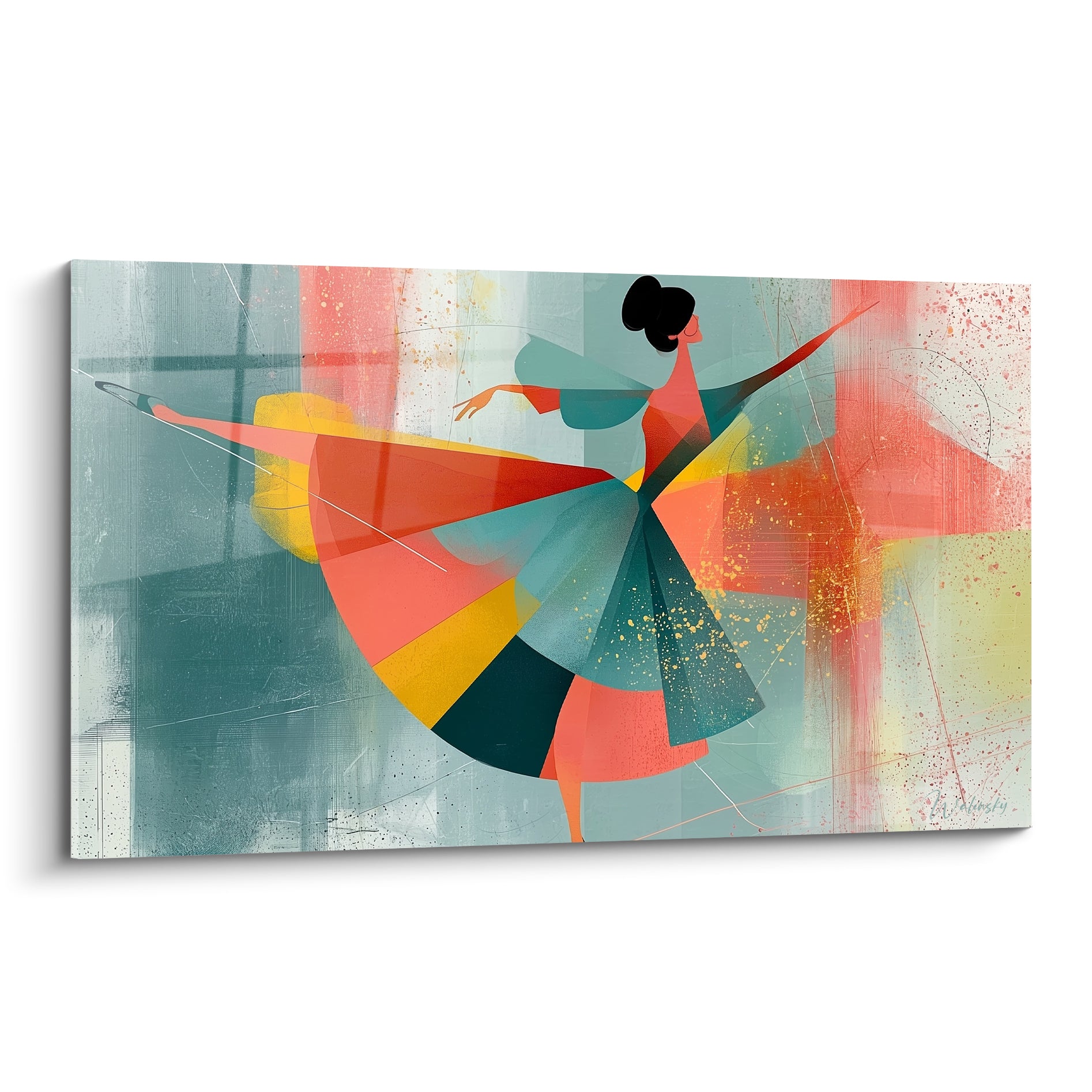 Danseuse abstraite en arabesque, robe géométrique corail, sarcelle et doré, fond texturé bleu-vert