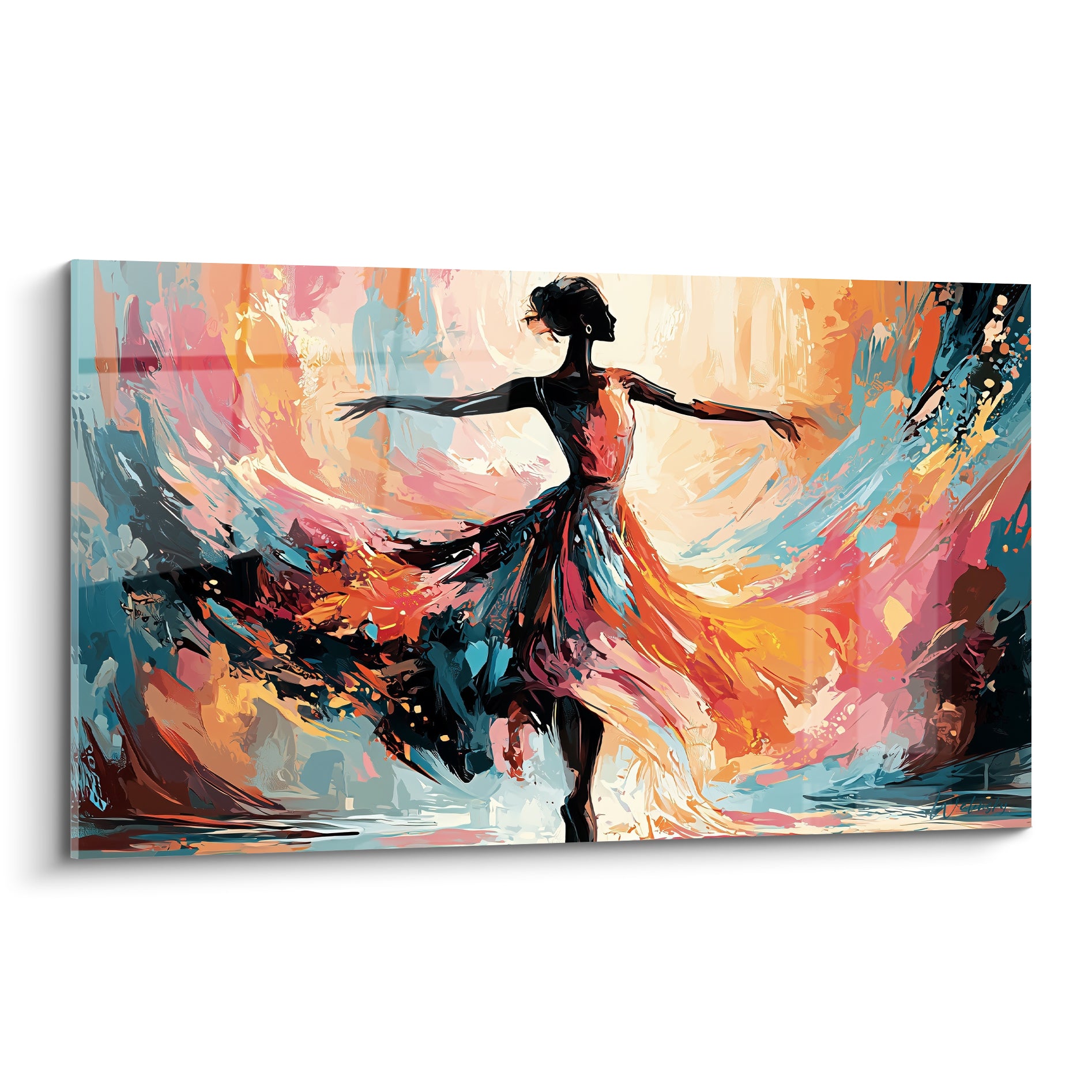 Danseuse silhouette noire aux bras déployés, tourbillon corail et bleu turquoise en toile de fond
