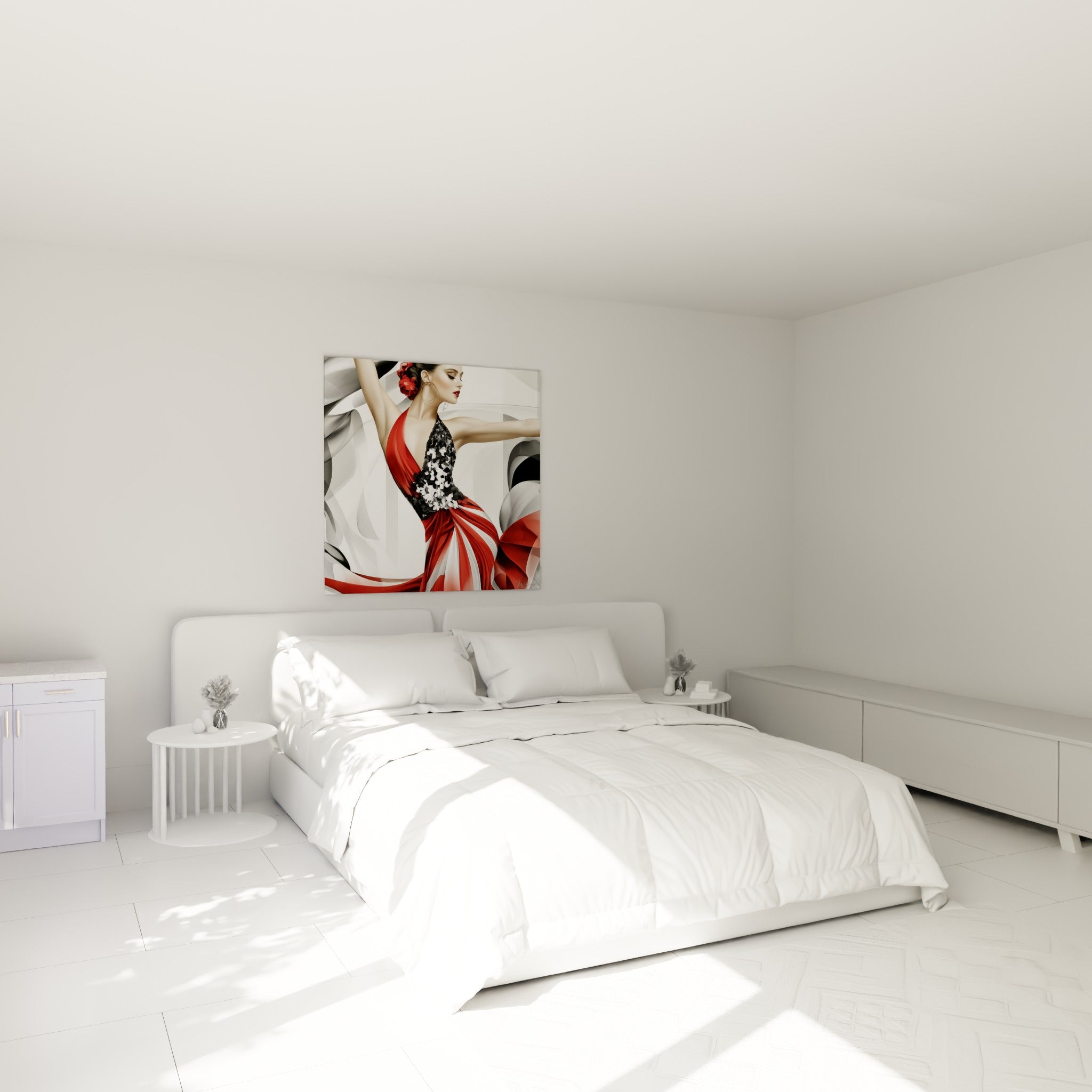 Silhouette de danseuse abstrait rouge et blanc au-dessus d'un lit dans une chambre claire