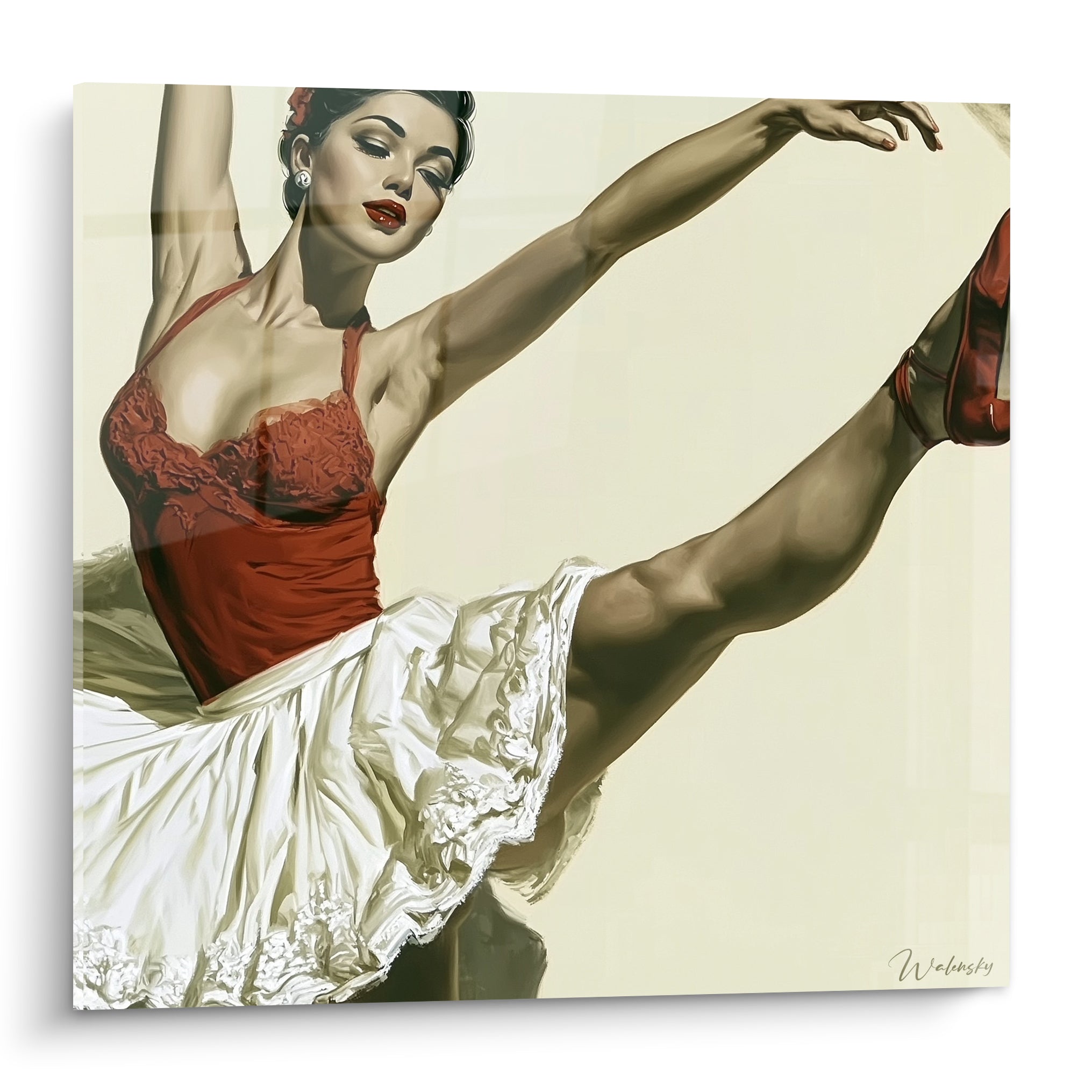 Danseuse abstrait en corsage rouge et jupon blanc, jambe tendue en plein mouvement