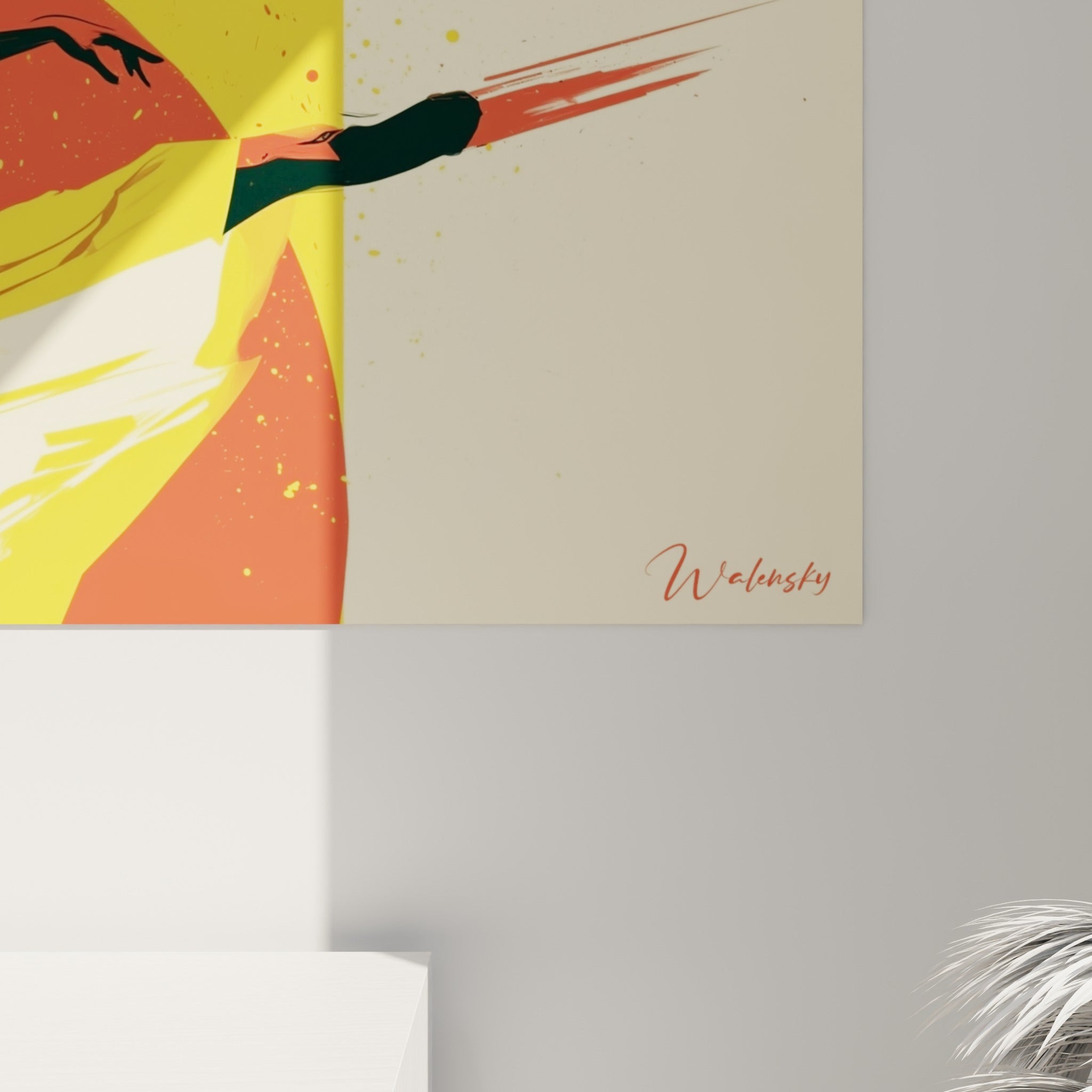 Détail des coulures jaunes et du grain de peinture sur la toile de la danseuse abstrait rouge