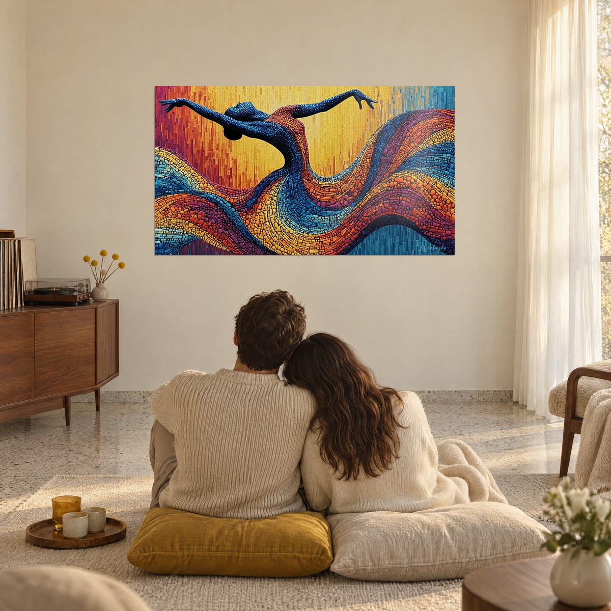 Wall art frozen dance in mosaic, deep blue bust, swell of saffron and violet tesserae, facing a couple seated on the floor