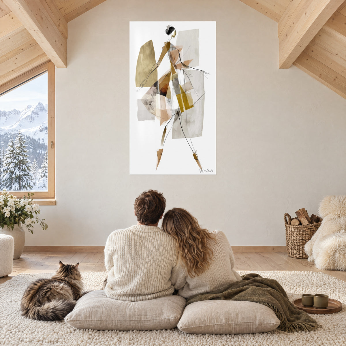 Wall art dancer in geometric mustard and sand planes, bust in profile, in a wooden mezzanine with a couple and their cat