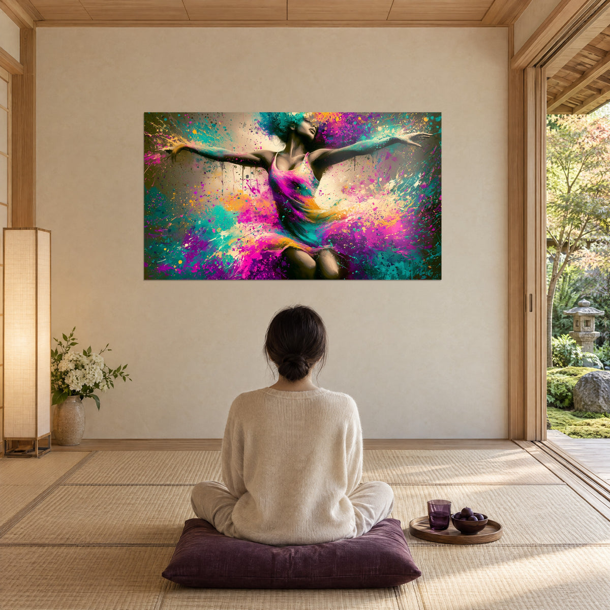 Schilderij wervel van kleuren rond een danseres met wijd uitgespreide armen, magenta en turquoise, bewonderd door een vrouw met de rug naar de kijker op een pruimkleurig kussen