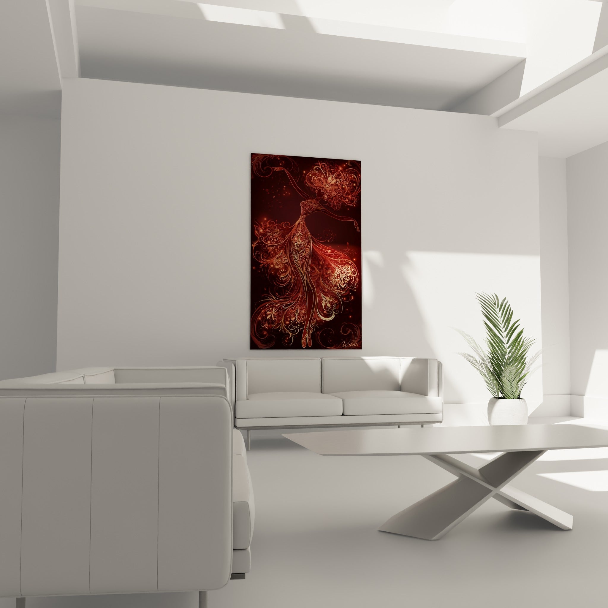 Silhouette cuivrée et bordeaux, tableau danseuse abstrait au-dessus d'un canapé dans un salon lumineux