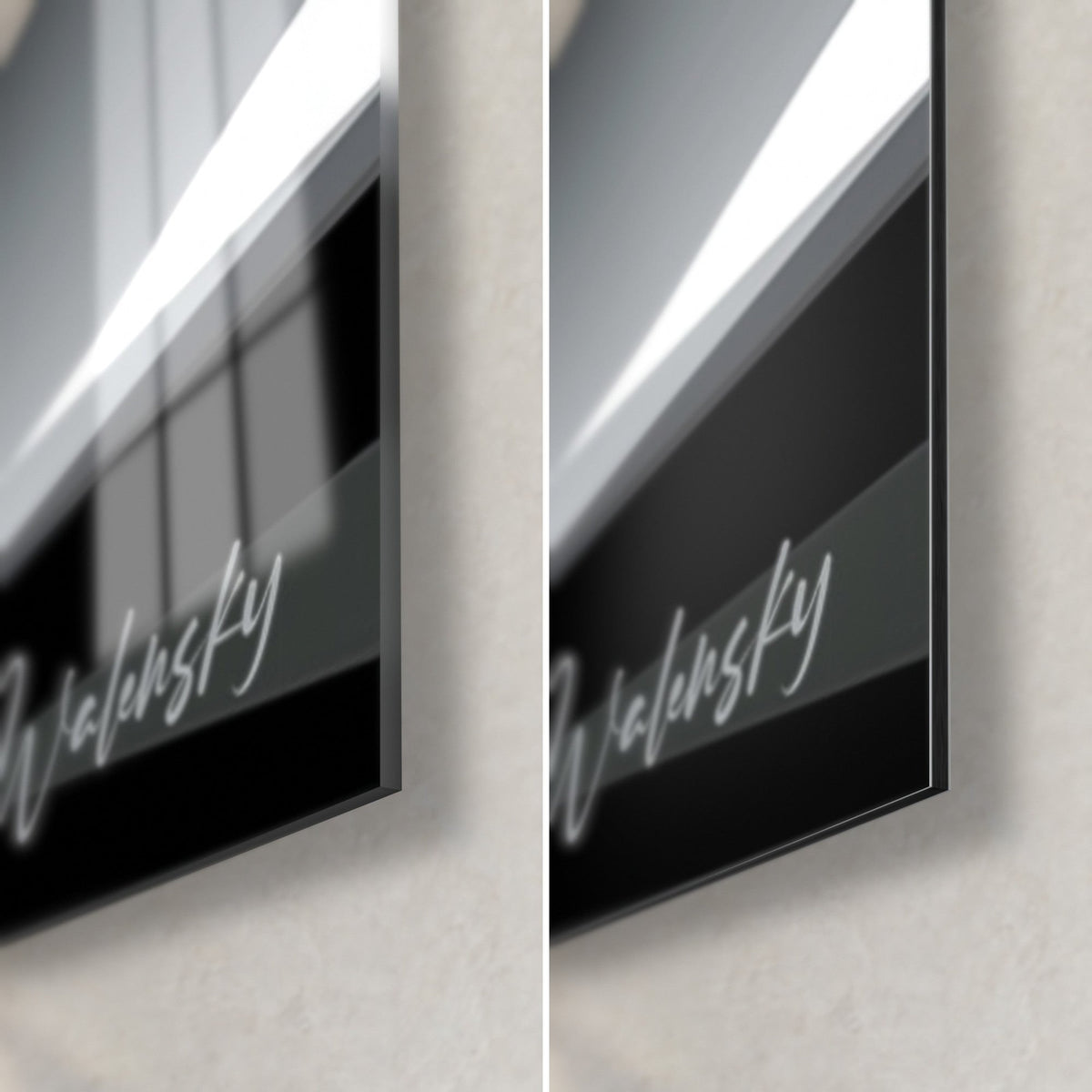 Quadro ballerina monocroma, angolo in basso a destra: vetro acrilico lucido con riflessi e alluminio Dibond nero opaco, bordo da 3 mm