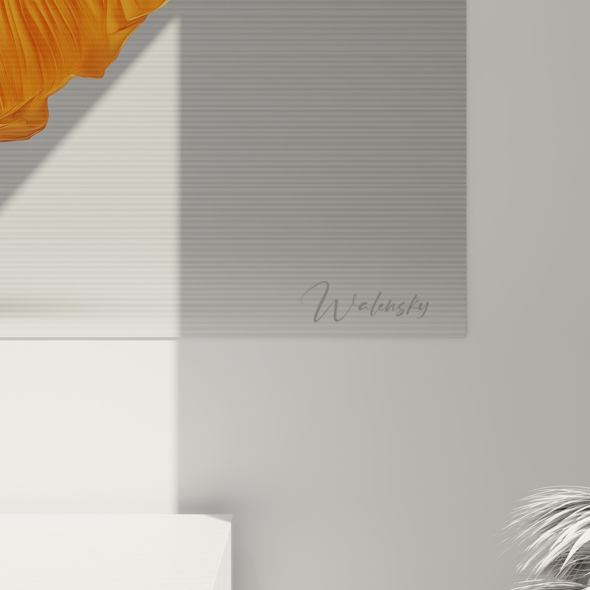 Plis satinés orange et gris se rencontrant en courbes fluides, détail de la toile danseuse abstrait accrochée