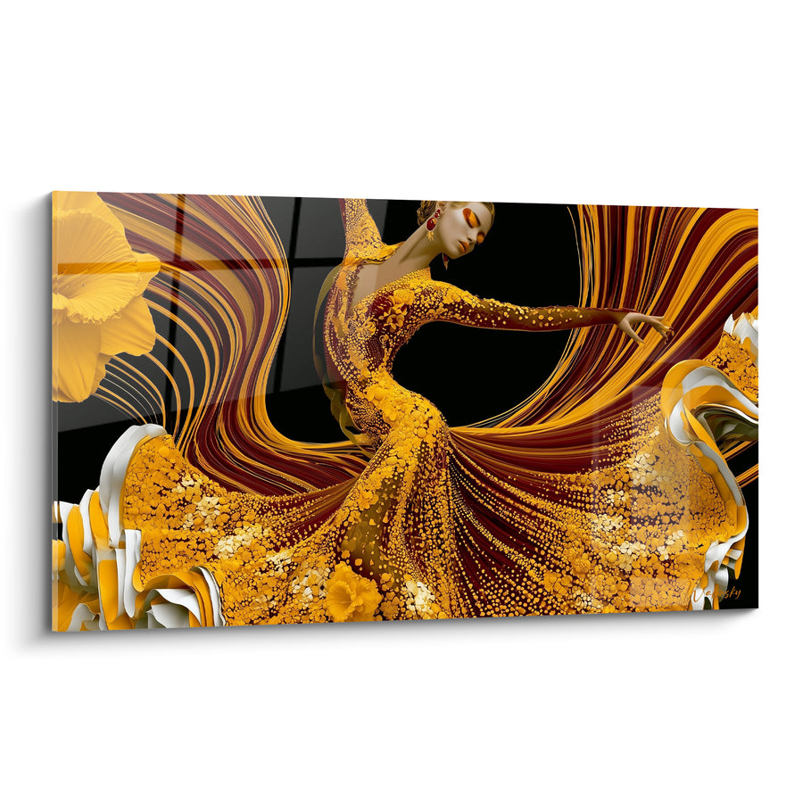 Tableau Danseuse robe jaune et bordeaux fleur immense - Boucles d'oreilles rouges - Edition Danseuse abstrait