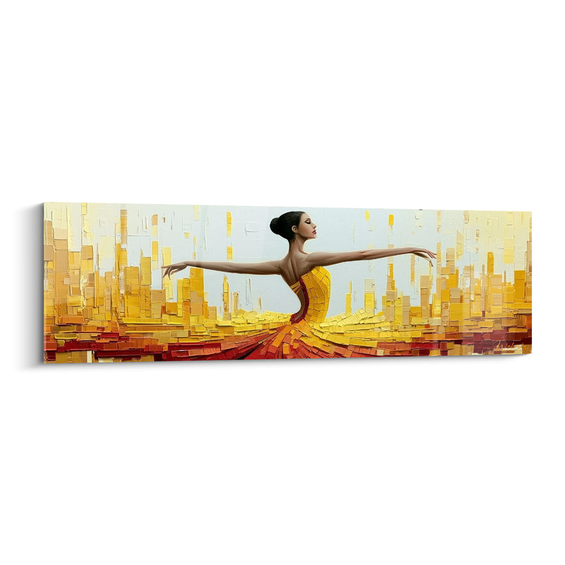 Tableau Danseuse robe jaune et rouge bras écartés - Chignon brun de profil - Edition Danseuse abstrait