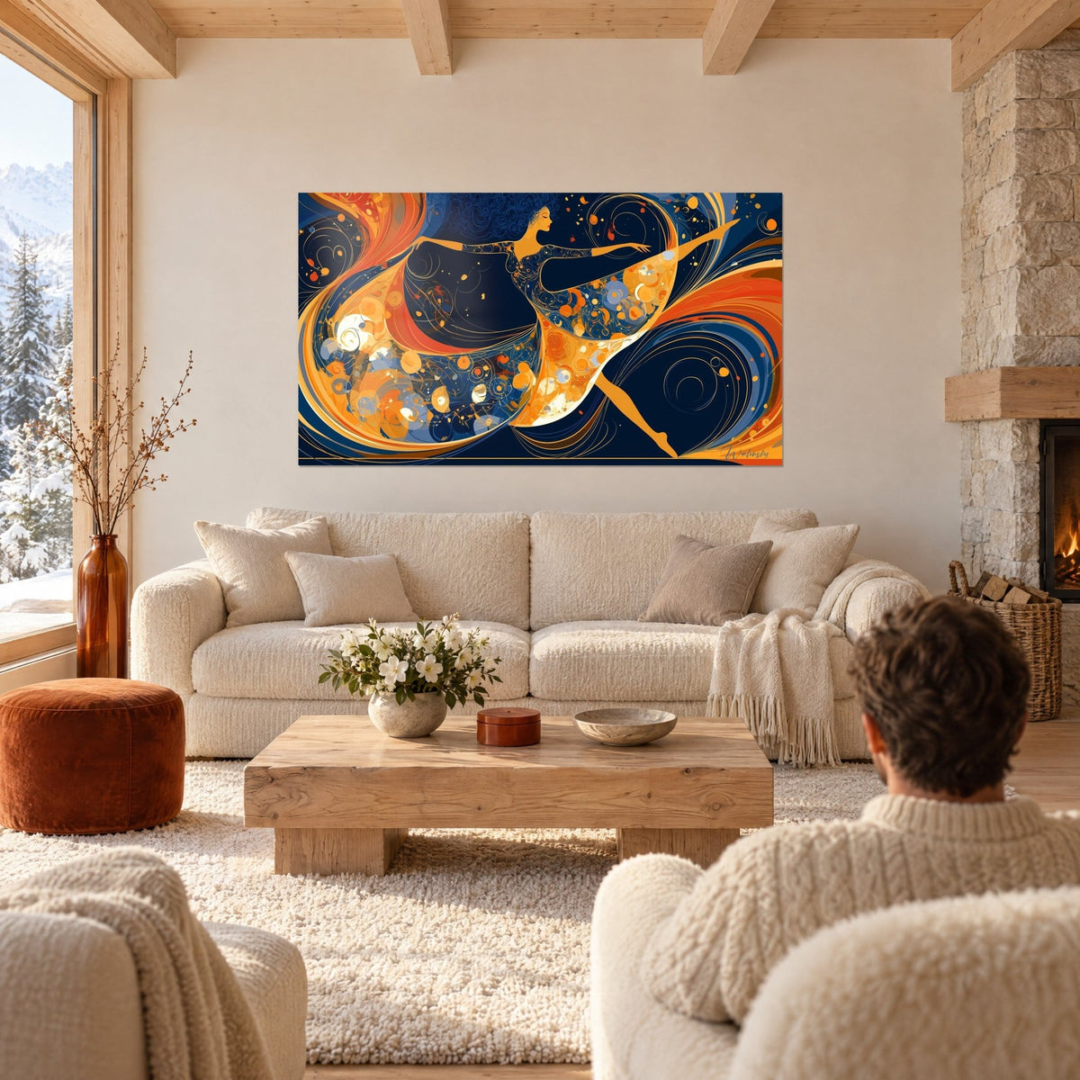 Tableau danseuse aux bras ouverts, robe marine et orange parsemée de bulles dorées, au-dessus d'un canapé dans un salon lumineux