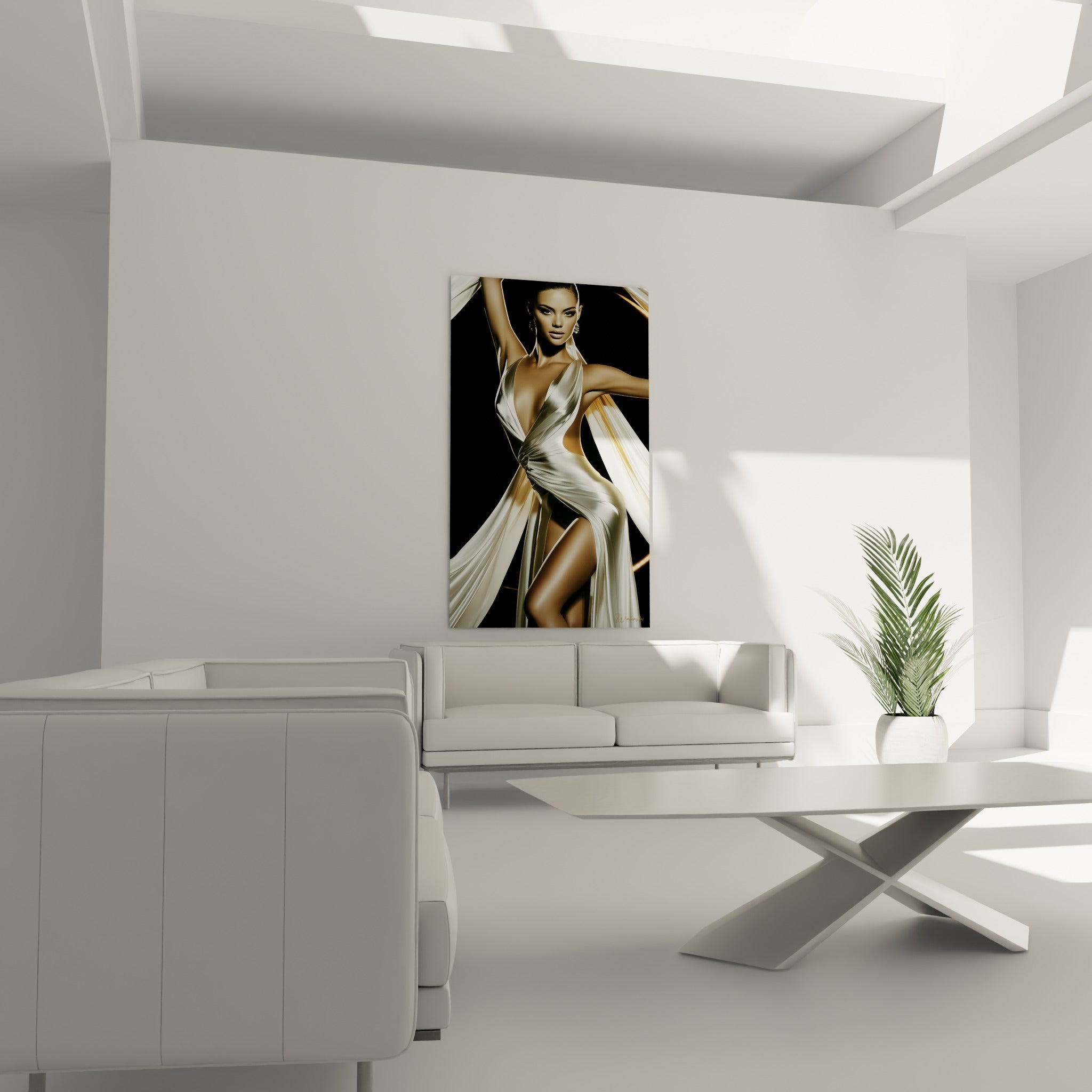 Drapé satiné blanc et reflets dorés de la danseuse abstrait, au-dessus d'un canapé dans un salon lumineux